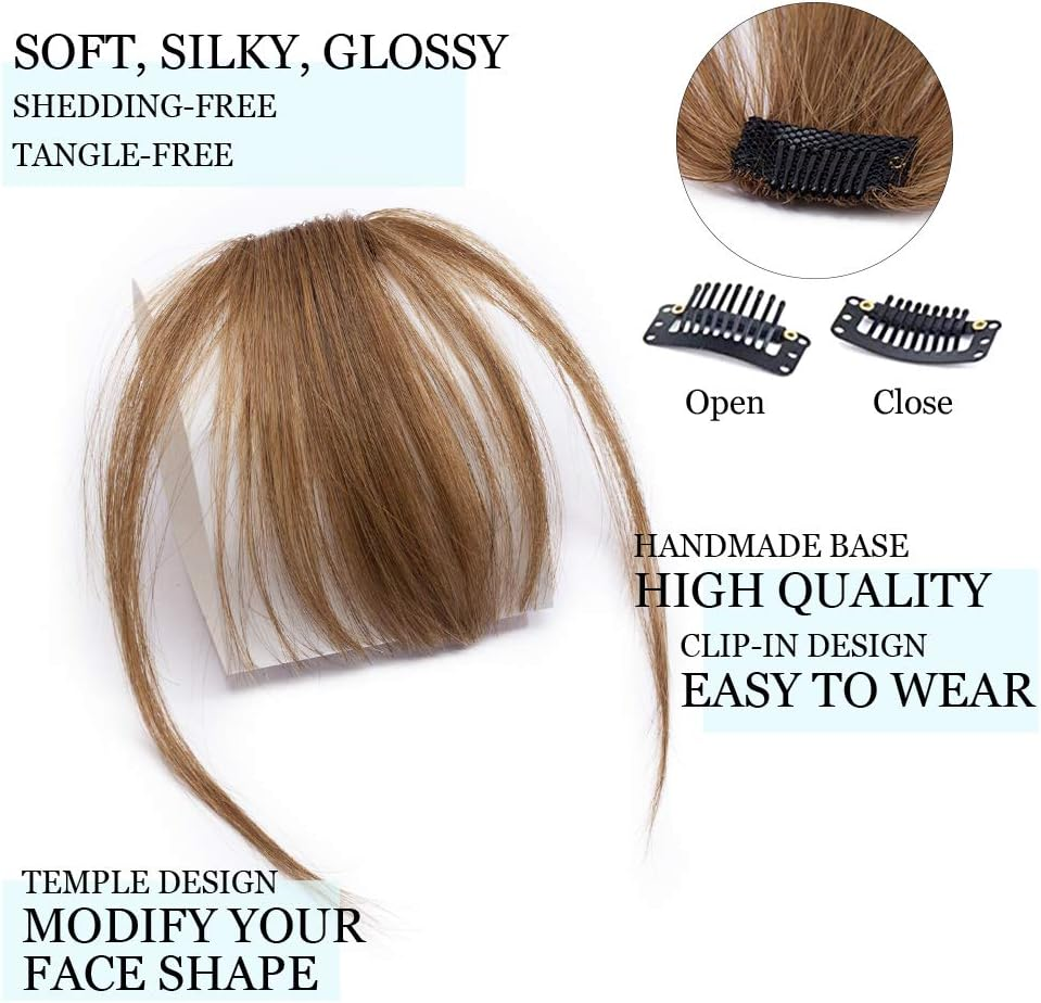 Clip in Bangs Real Human Hair Bangs Hair Clip on Bangs Extensions Thin Wispy Front Fringe Bangs Hairpieces Side Bangs with Temple Flat Bangs Hair Clip Top Hairpiece for Women 5G #06 Light Brown image number 3