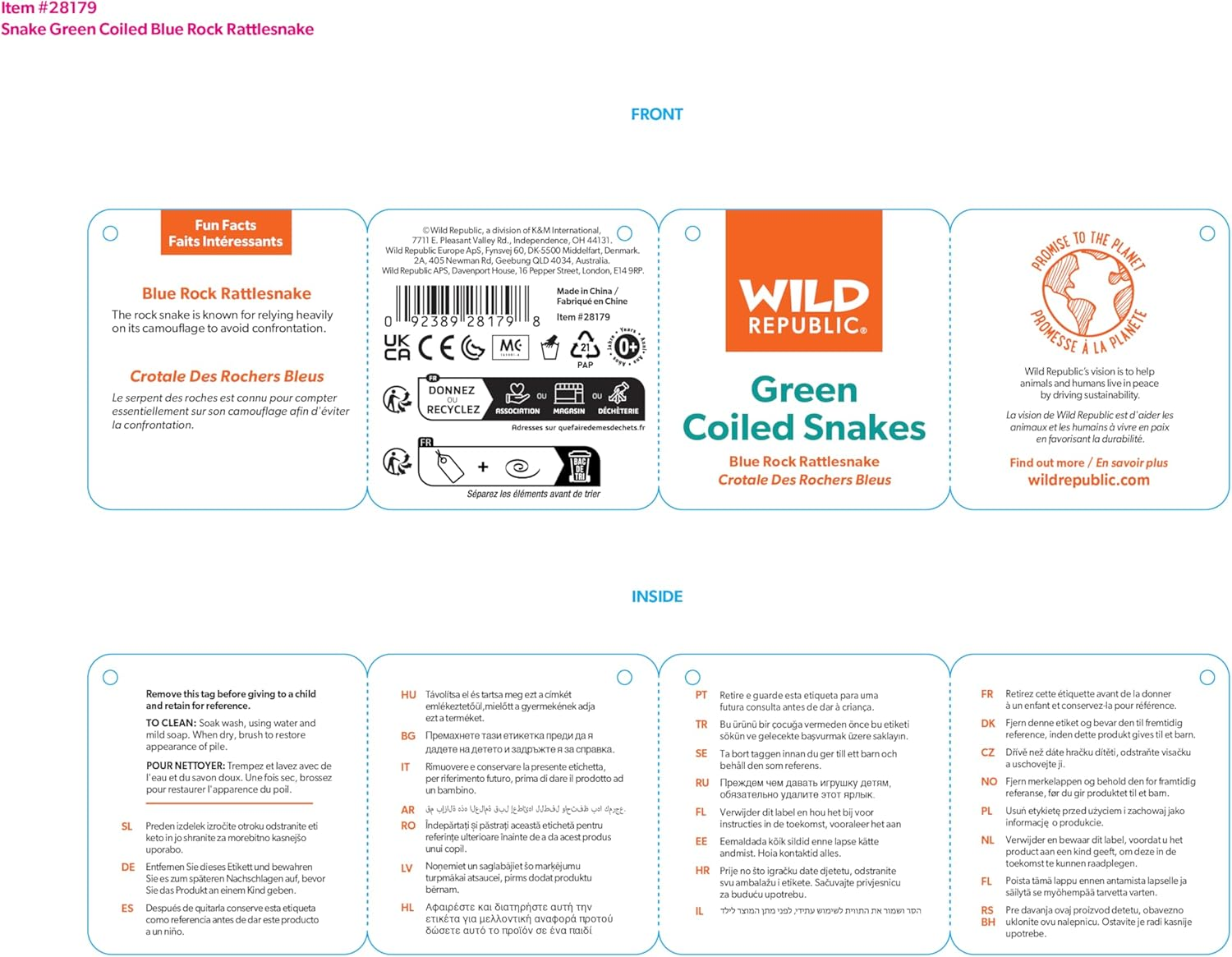 Wild Republic Snakes Eco Blue Rock Rattlesnake, Stuffed Animal, 36 Inches, Plush Toy, Fill Is Spun Recycled Water Bottles, Eco Friendly