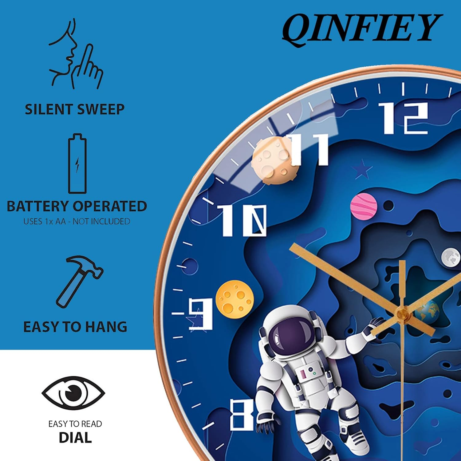 QINFIEY 12 Inch Silent Movement Kids Wall Clock, Non Ticking Children round Wall Clock Battery Operated Space Travel Style Decor Children Clock for Home School Boys Bedroom Living Room (Blue) - Pink image number 6