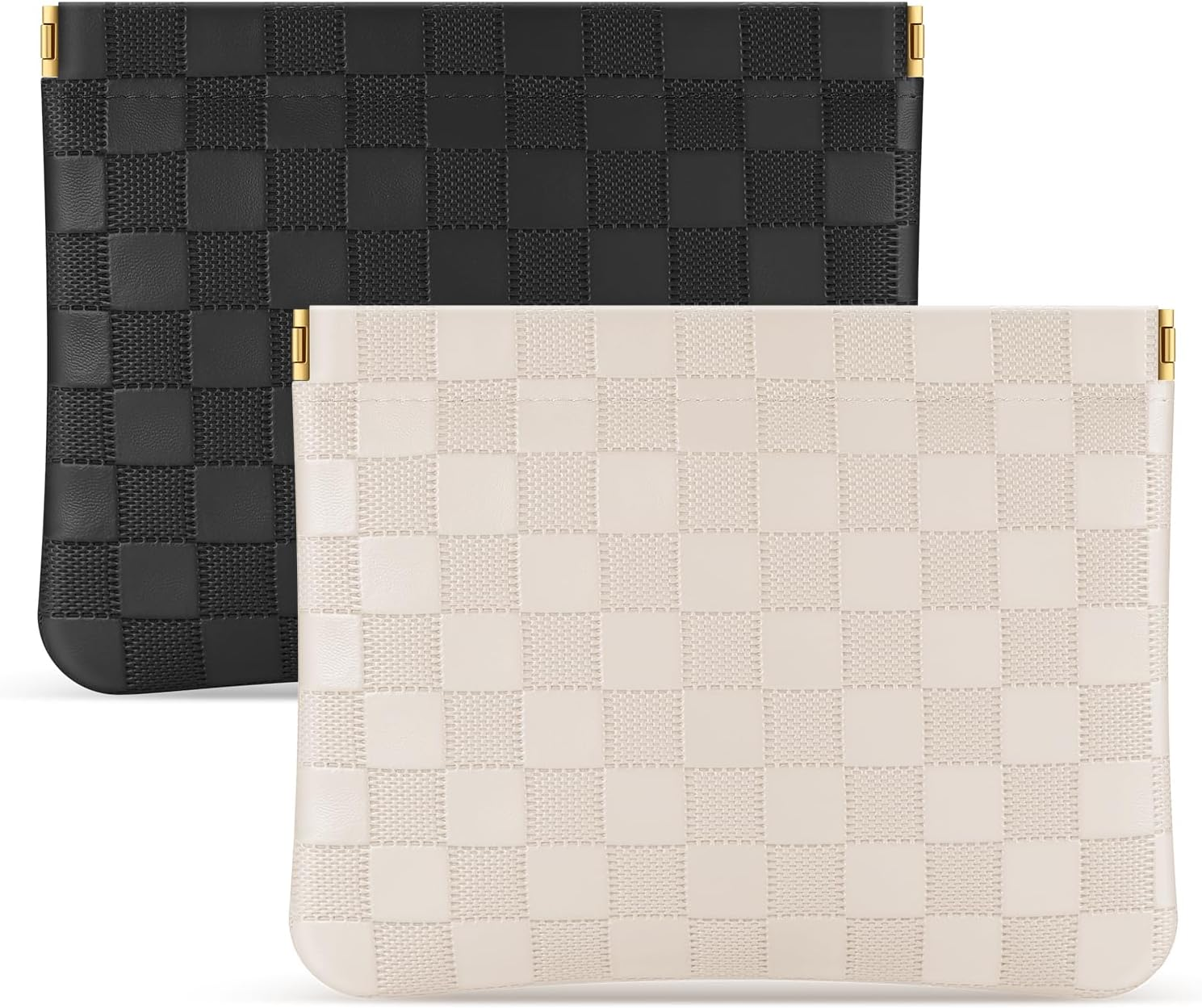 Sightor 2PCS Pocket Cosmetic Bag for Purse, Checkered Makeup Bag Portable Leather Cosmetic Bag for Women, Coin Purse Lipstick Cosmetic Accessories Organizer Travel Cosmetic Pouch, Black, Beige, L,