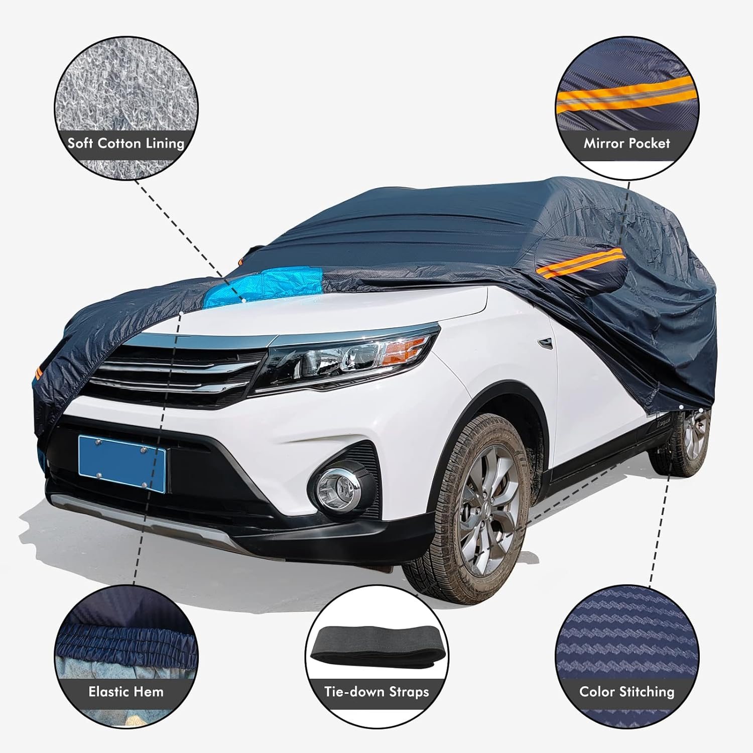 Car Cover Waterproof All Weather for Automobiles, 6 Layers Outdoor Full Exterior Cover Rain Sun UV Snowproof Protection with Zipper Cotton, Mirror Pocket for SUV (185-190 Inch) image number 5