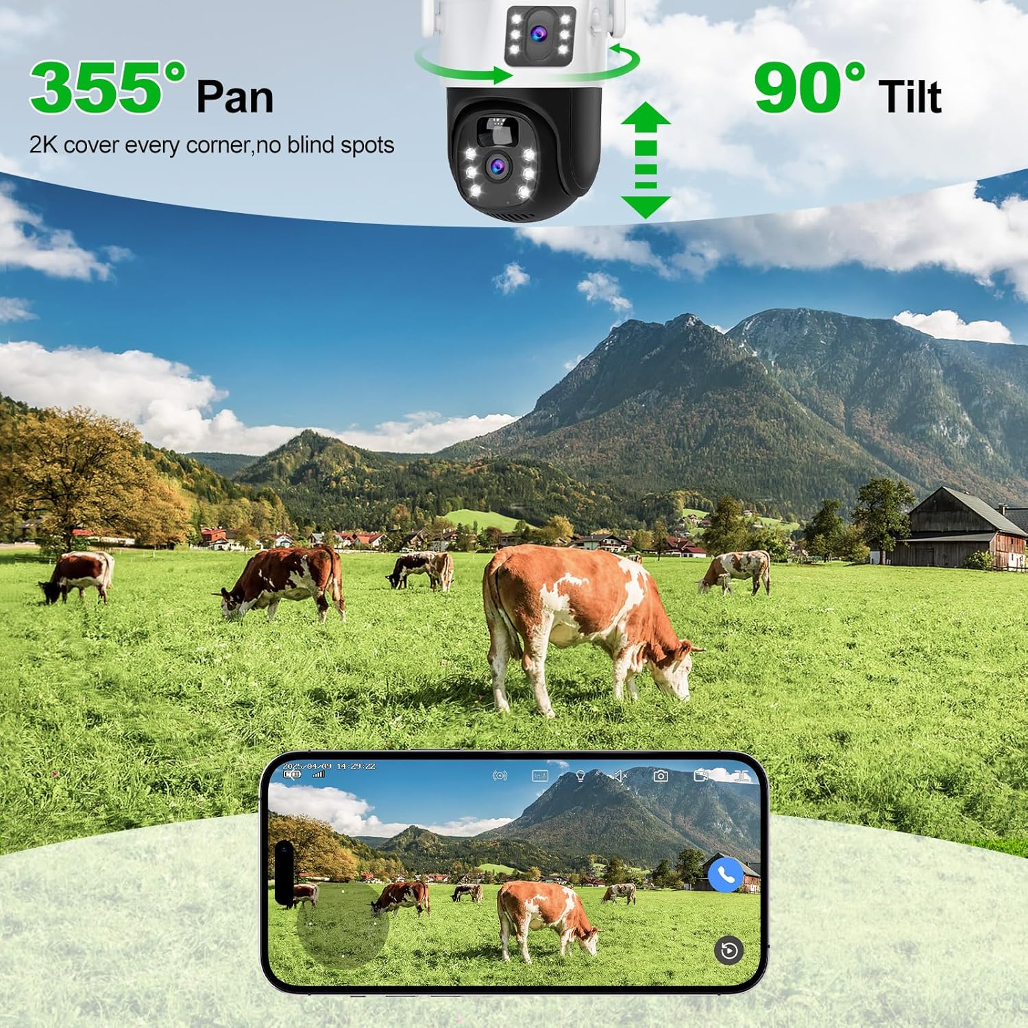 Oolong Security Camera Outdoor Wireless with Dual Lens Dual PIR,10400 Mah Battery,355&deg;P 90&deg;T, 8W Solar Panel,Solar Home Wifi Surveillance Ring Camera with Color Night Vision,64Gb Card Included,Ip66