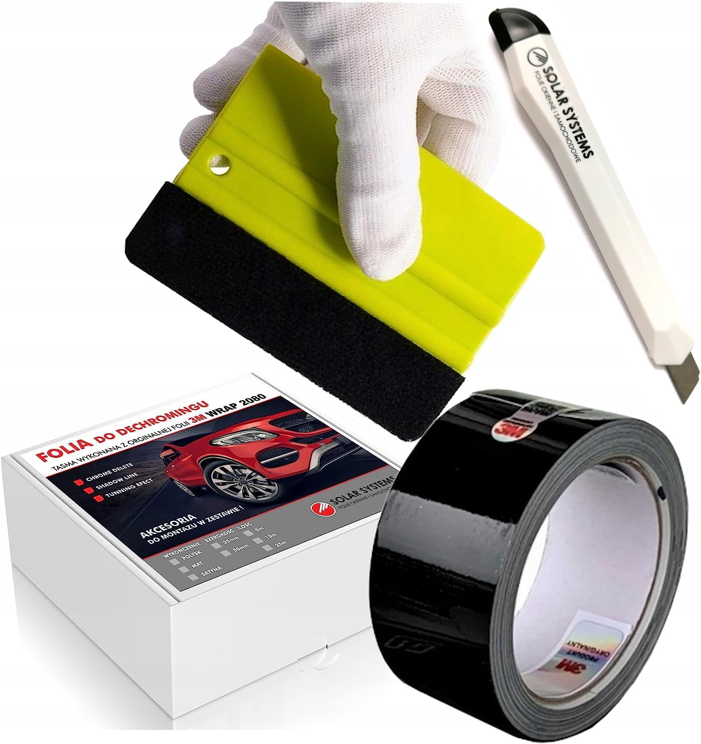Solar Systems 3M WRAP 2080 Self-Adhesive Car Film - Demoldering Tape + Squeegee and Knife - Car Tuning - Car Film Glossy Black 5 Cm X 10 M