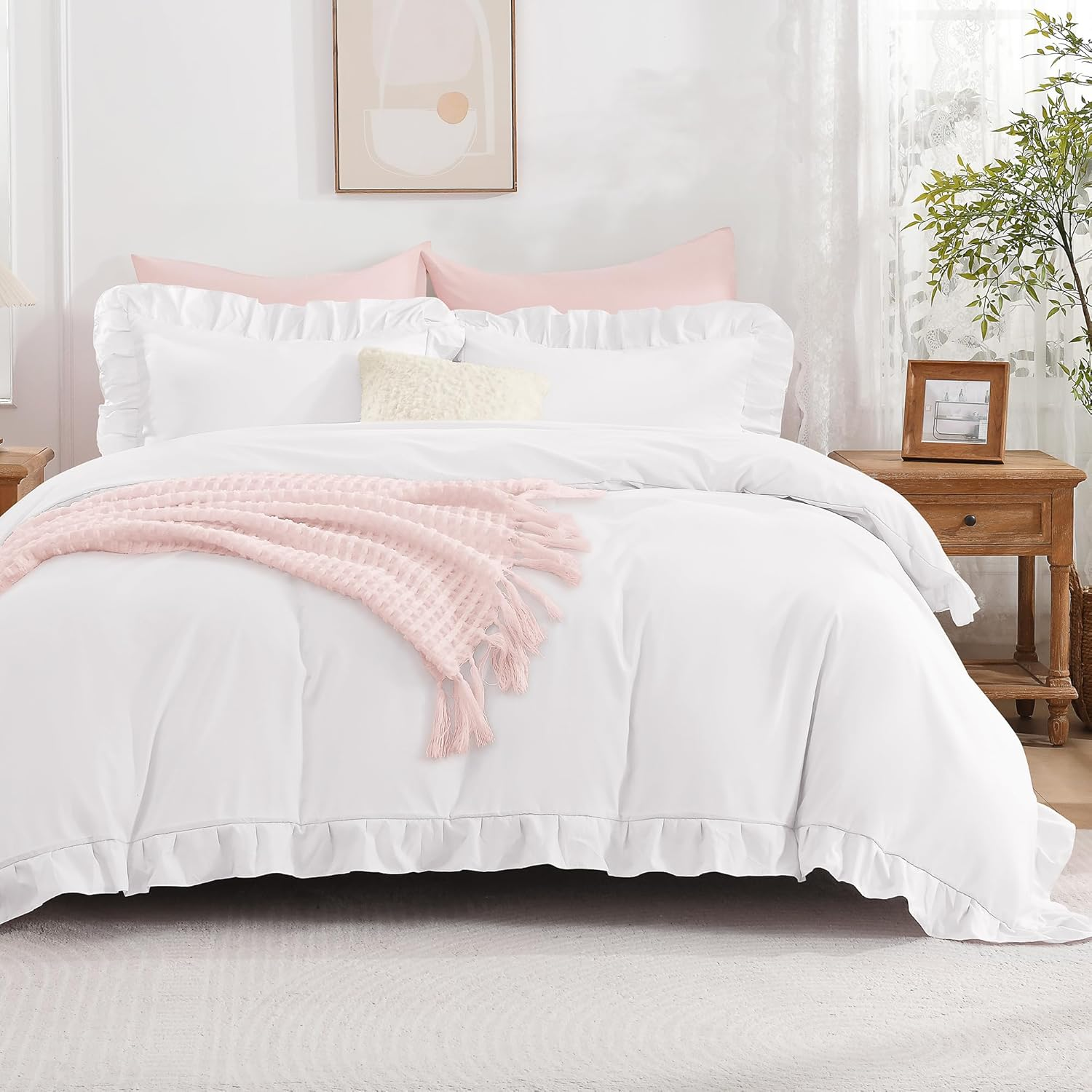 Andency White Ruffle Duvet Cover Full(79X90Inch), 3 Pieces Farmhouse Shabby Chic Ruffled Duvet Cover, Soft Microfiber Duvet Cover Set with Zipper Closure, Corner Ties image number 3