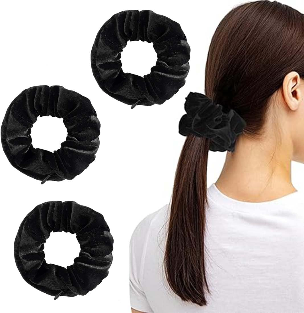 LAKJUOZ Pack of 3 Hair Bobbles Black Hair Thick Scrunchies Hair Band Elastic Women'S Soft Scrunchies Large Velvet Hair Scrunchies with Zip Stylish Women Elastic Hair Headband for Afro Curly image number 3