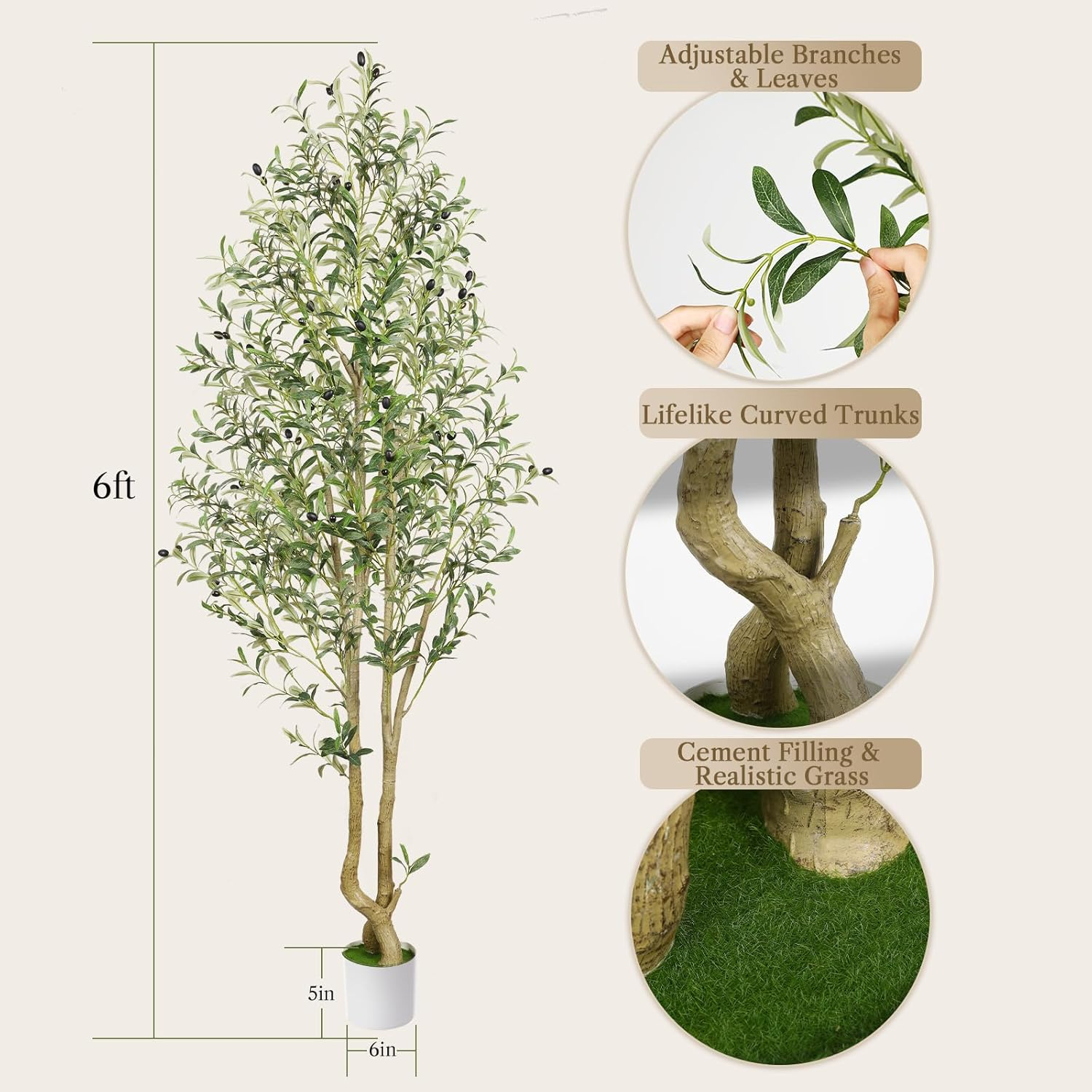 Alupssuc 1.8M Artificial Olive Tree Big Tall Fake Plants, 6 Feet Artificial Olive Silk Plants Indoors with Curved Trunk in Pots, Fake Tree for Home Office Living Room Indoor Outdoor Decor, 6FT image number 5
