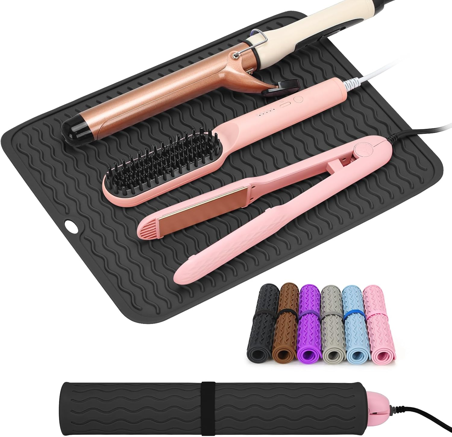 Oversize Silicone Heat Resistant Mat for Curling Iron, Hair Straightener, Flat Irons and Hot Hair Styling Tools, Portable Wrap Cover with Velcro for Home Travel Gym Salon(14.2"" X 11"")