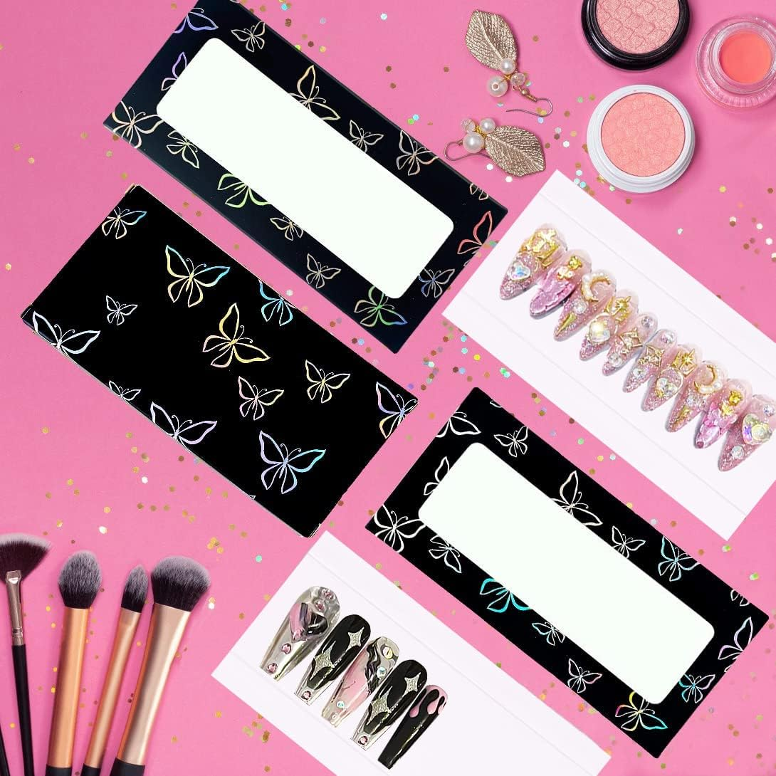 HLQHXWHZT 71 Pcs Empty Press on Nails Packaging Box 35 Pcs White Background Papers and 1 Double Sided Tape, Empty Nail Package Box Set for Press on Nail Business (Black)&hellip; image number 2