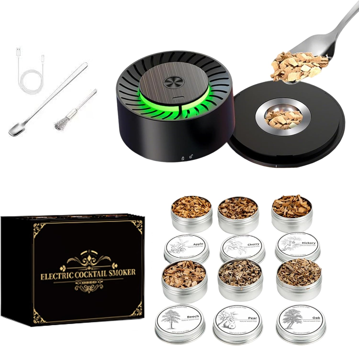 Electric Whiskey Smoker Kit (No Butane) with 6 Natural Wood Chips for Cocktails & Old Fashioned Drinks, Cocktail Smker Kit, Bourbon Whiskey Gifts for Men, Dad, Husband image number 1