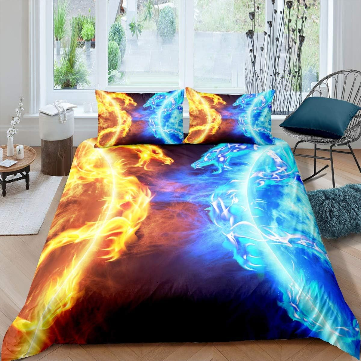 Loussiesd Ice Fire Dragon Duvet Cover Set for Boys Teenagers Children Oriental Beast Printed Bedding Set 135 X 200 Cm East Bed Set Lucky Animals Fairy Tale Theme Room Decoration 2 Pieces image number 2