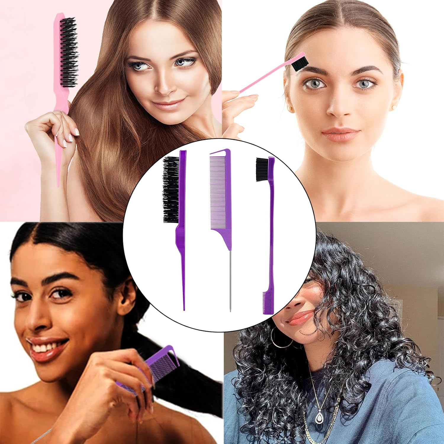 3Pcs Styling Hair Brush Set, Rat Tail Comb, Double-Sided Edge Brush, Bristle Hair Brushr for Women Man, Purple - Pink image number 3
