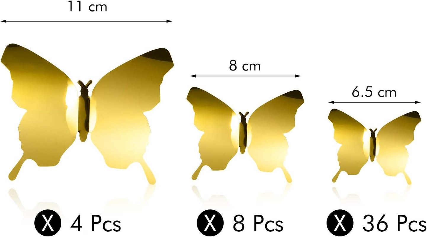 BBTO 48 Pieces Butterfly Wall Decor DIY Mirror 3D Butterfly Stickers Removable Decals for Home Bedroom School Bathroom Living Room Decor(Gold) image number 6