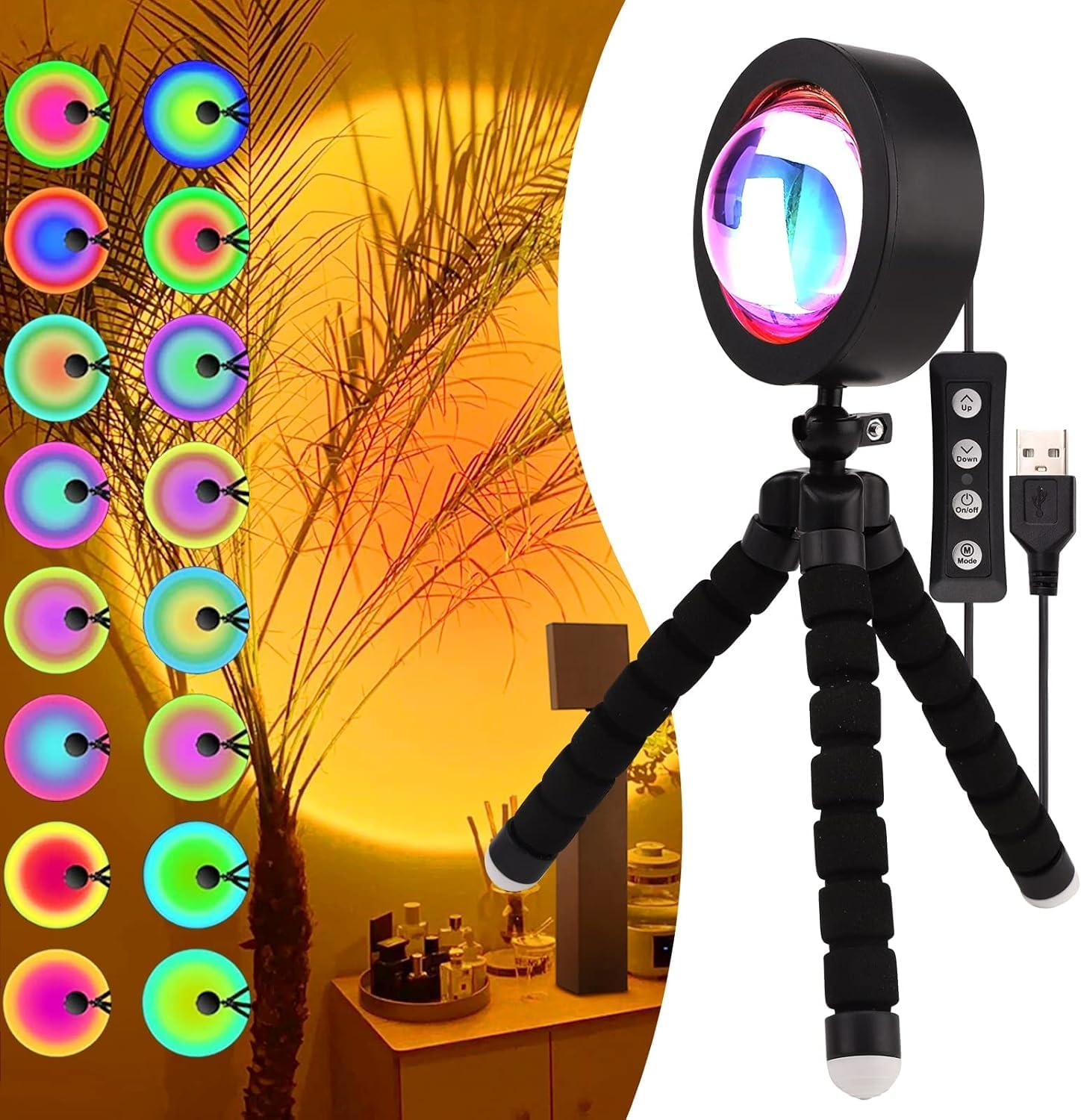 Sunset Lamp, [17 Colors-In-1] Sunset Projection Lamp, 360&deg; Rotation Sunset Projector Lamp Romantic Visual LED Projector Light for Photography Vlog, Background Party, Bedroom Decor and Festival Gift image number 1