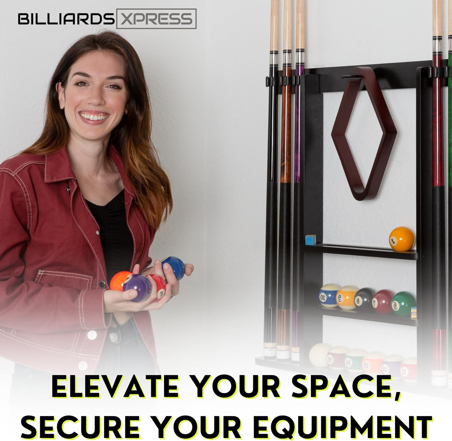 Pool Cue Rack - Pool Stick Holder Wall Mount with 16 Ball Holders & 6 Pack of Chalk - Rubber Circle Pads & Large Clips Prevent Damage - Compact Billiard Table Accessories for Man Cave image number 6