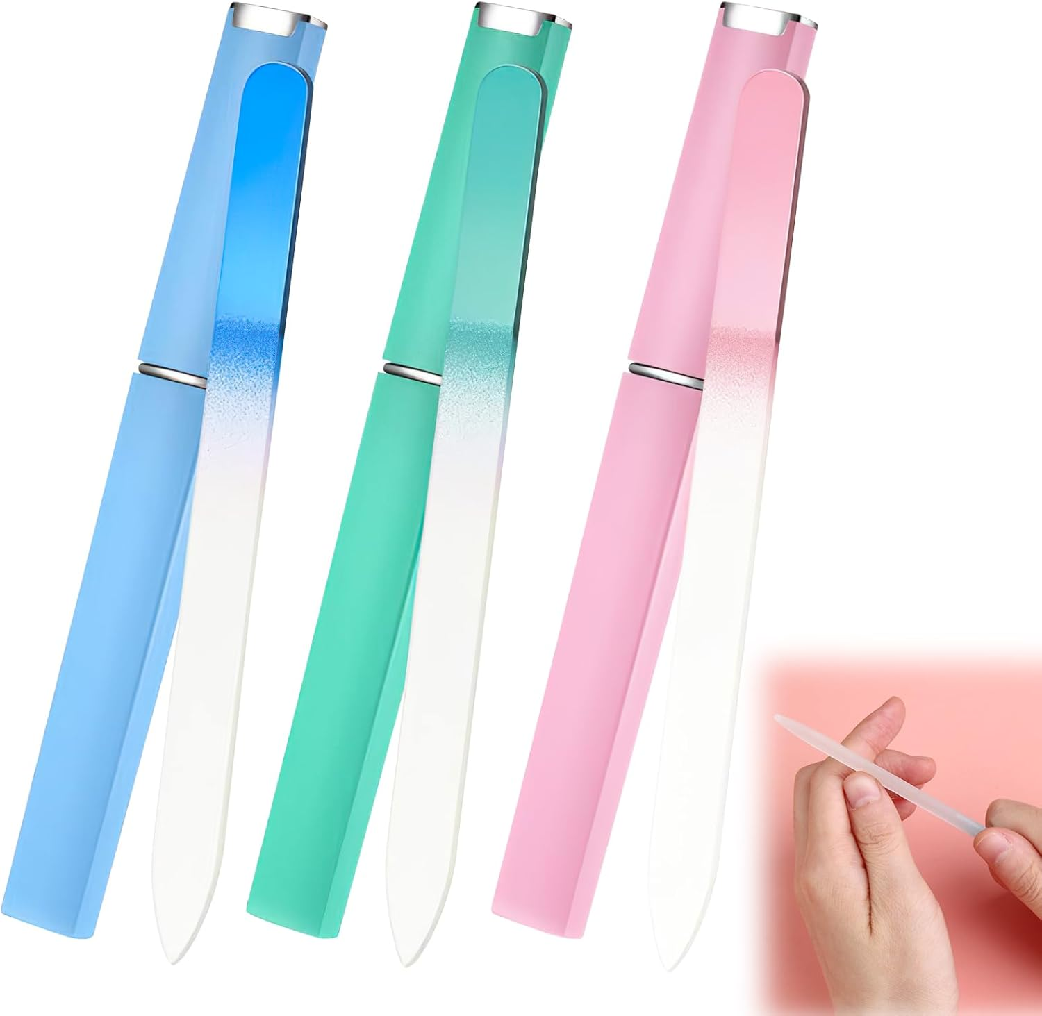 3 Pcs Glass Nail Files Set with Protective Case, Reusable Etched Nail Filer & Buffer for Natural, Acrylic & Gel Nails, Travel Friendly Manicure Kit for Women & Adults, Unique Gift (Pink, Blue, Green) image number 3