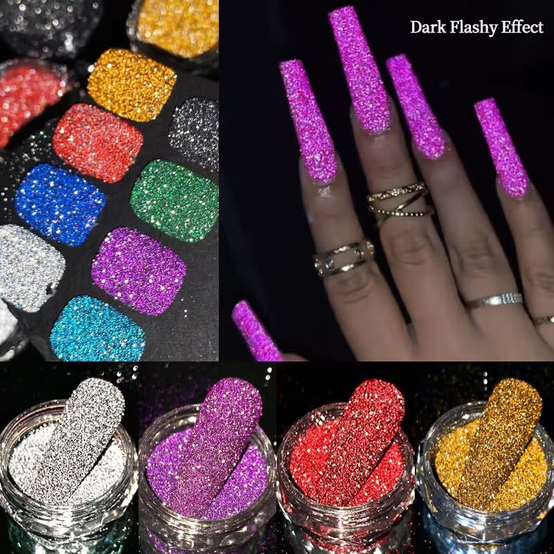 Kipajuju Nail Art Glitter Nail Powder Acrylic Diamond Nail Reflective Glitter Dark Flashy Effect Dipping Powder Multiuse Glitter Powder Nails Art Decoration, Body Art Salon and Home DIY for Women Girls Party Wedding Festival image number 4