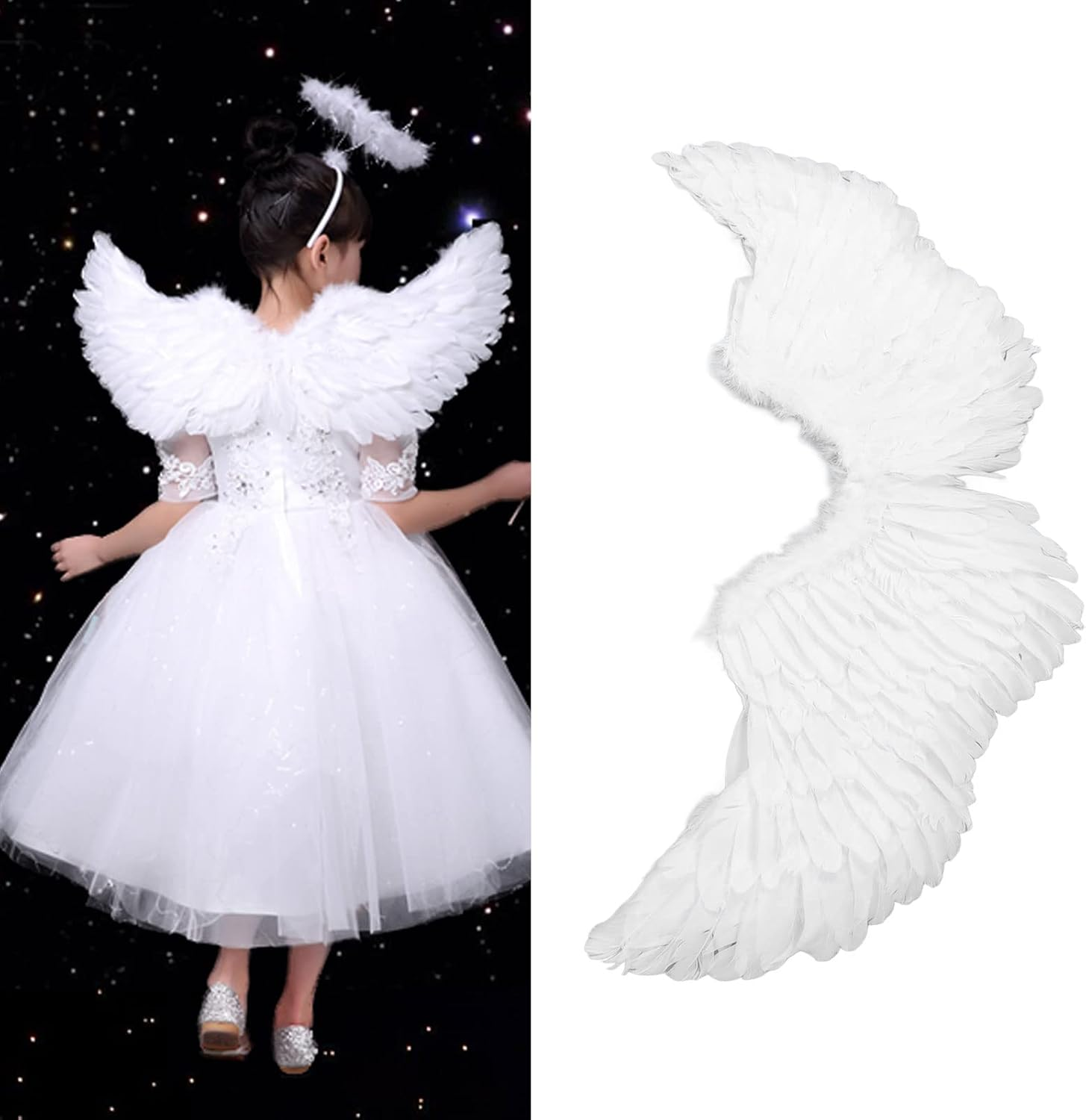 Angel Wings, Cosplay Costumes Feather Angel Wing for Kids, Adults, Women, Girls, Feather Dress up Props White Angel Wing with Elastic Straps for Halloween, Christmas Eve and Christmas(S)