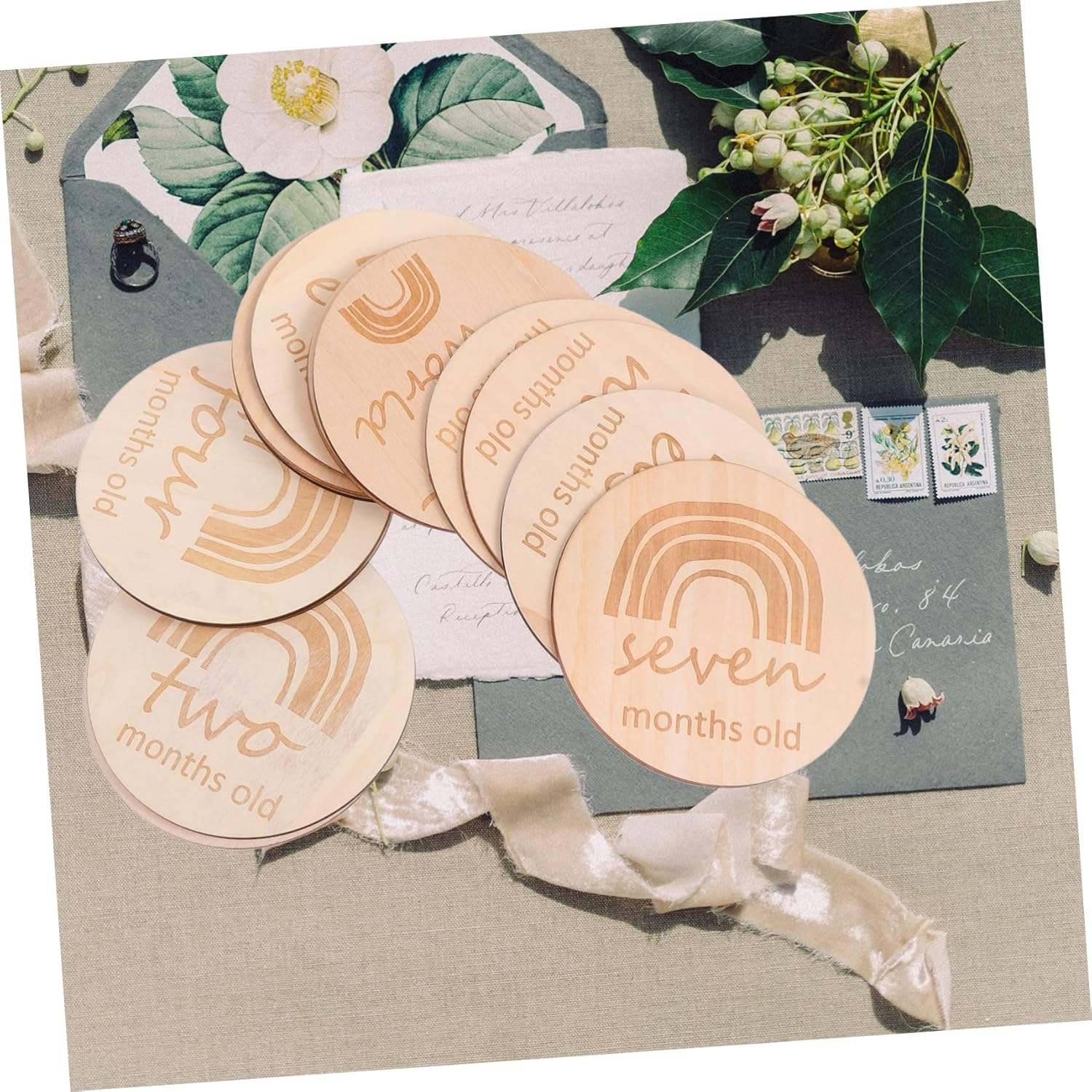 13Pcs Wood Baby Monthly Growth Recording Cards Double-Sided Rainbow Engraved Newborn Photography Props for Infant Milestone Tracking and Baby Shower image number 4