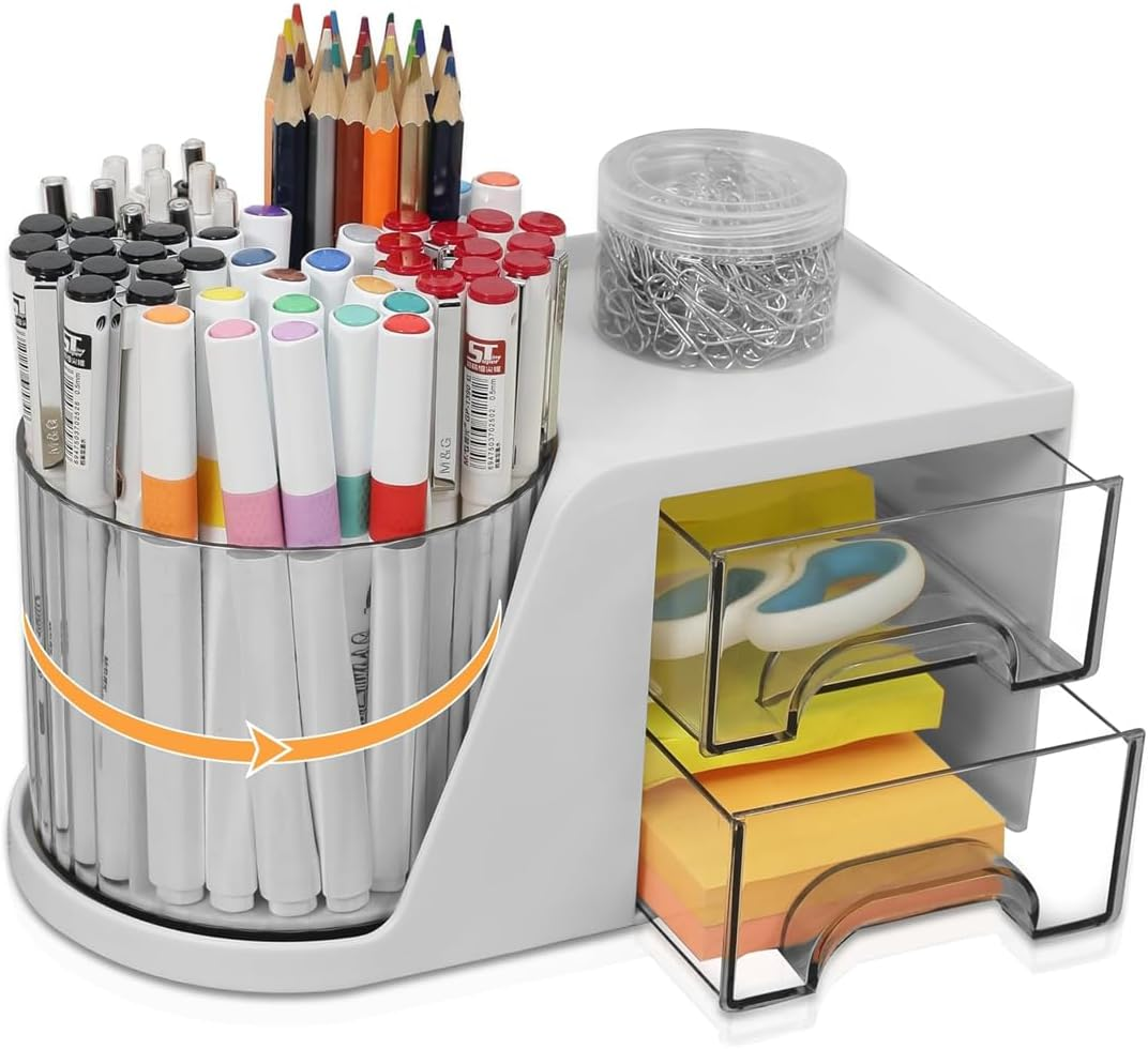 AIMALL Desktop Storage Box White, Rotating Cosmetic Brush Storage Cylinder, 360&deg; Desktop Organiser, Lipstick Eyeshadow Pen Holder, 23X12X13Cm/9X4.72X5.11In image number 2