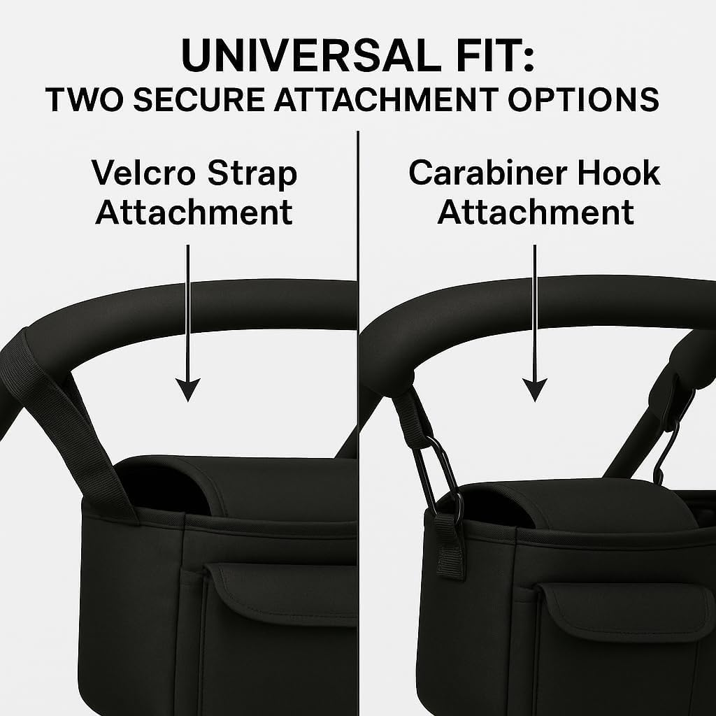 Universal Stroller Organizer with Cup Holder, Large Capacity Stroller Caddy, Non-Slip Secure Hooks Accessories(Black) image number 4