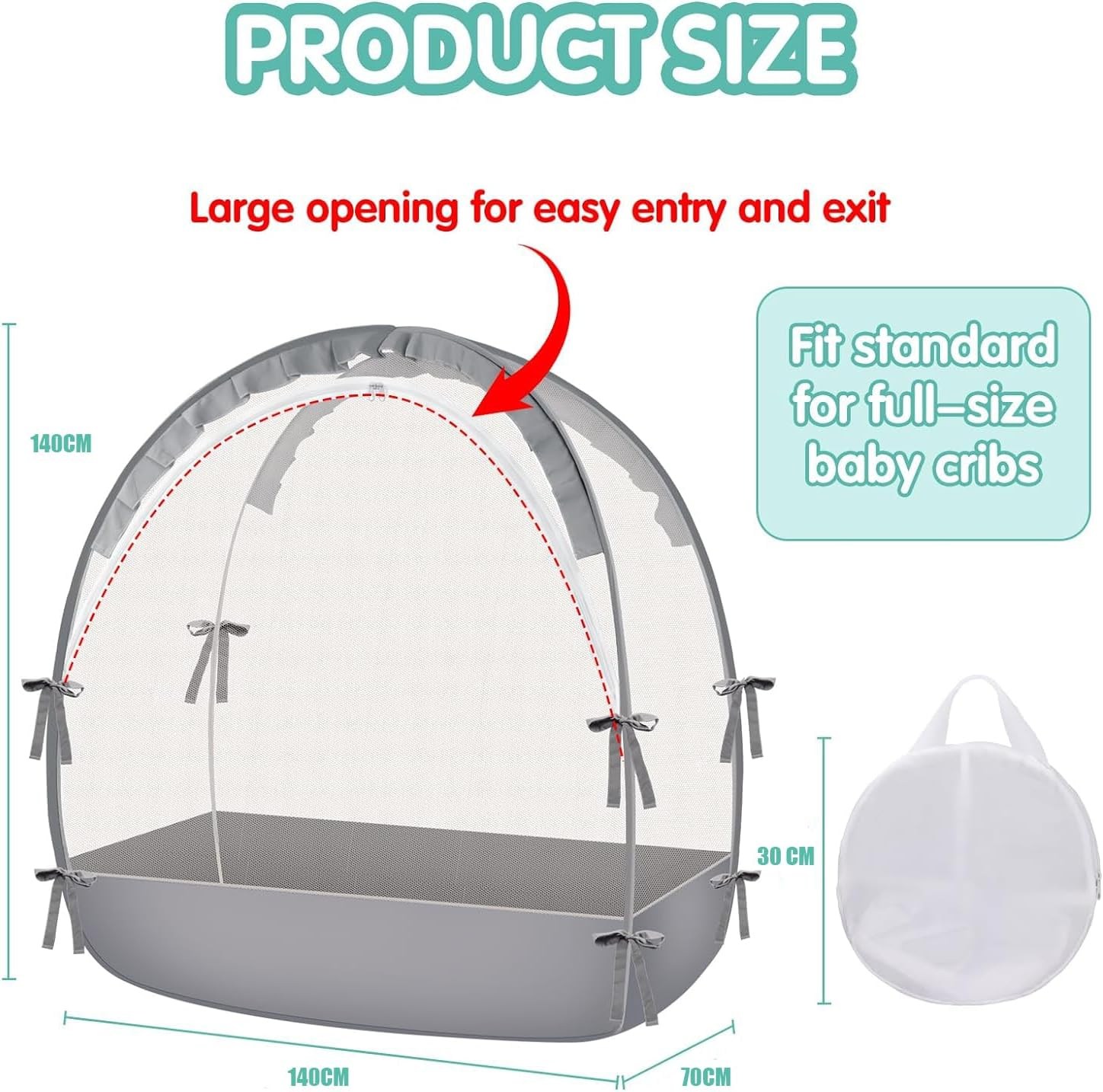 Mosquito Net, Mosquito Net, Crib Tent for Baby Cot, Cot, Crib Net, Foldable Crib Tent with Transport Bag (Grey, 70 X 140 Cm) image number 2
