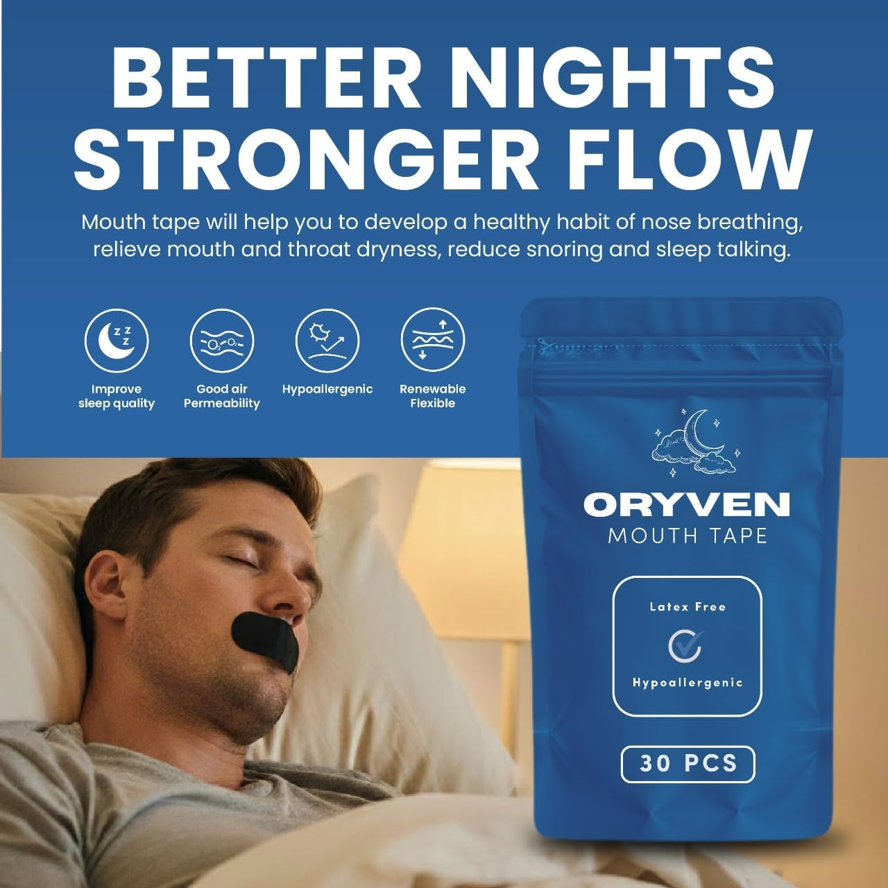 Hypoallergenic Mouth Tape for Sleeping 30 Pack anti Snoring Sleep Strips Gentle and Latex Free Breathable Design for a Better Night&rsquo;S Sleep
