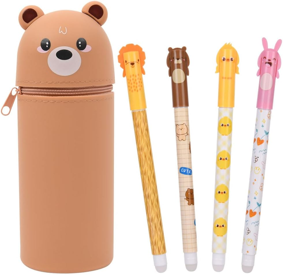 OFFCUP 2 in 1 Soft Silicone Pencil Case, Filled Pencil Case with 4Pcs Erasable Gel Pens, Kawaii Rabbit Zipper Pen Holder, Pen Pouch for Office Home or School Back to School