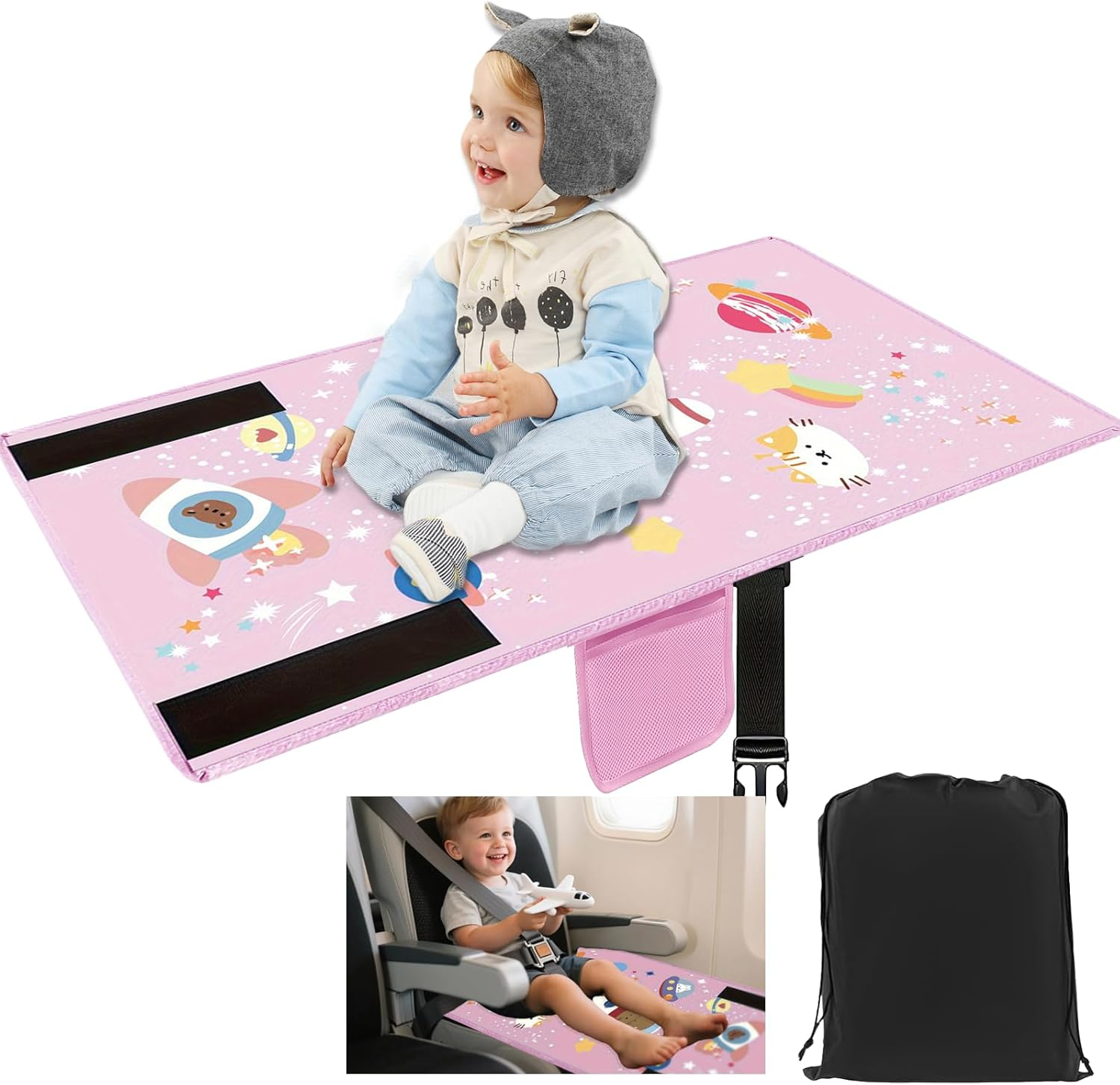 Airplane Travel Bed for Kids Foldable Airplane Bed For77*44Cm Airplane Seat Extender for Travel Waterproof Lightweight Airplane Foot Hammock for All Airplane Seats（Pink）