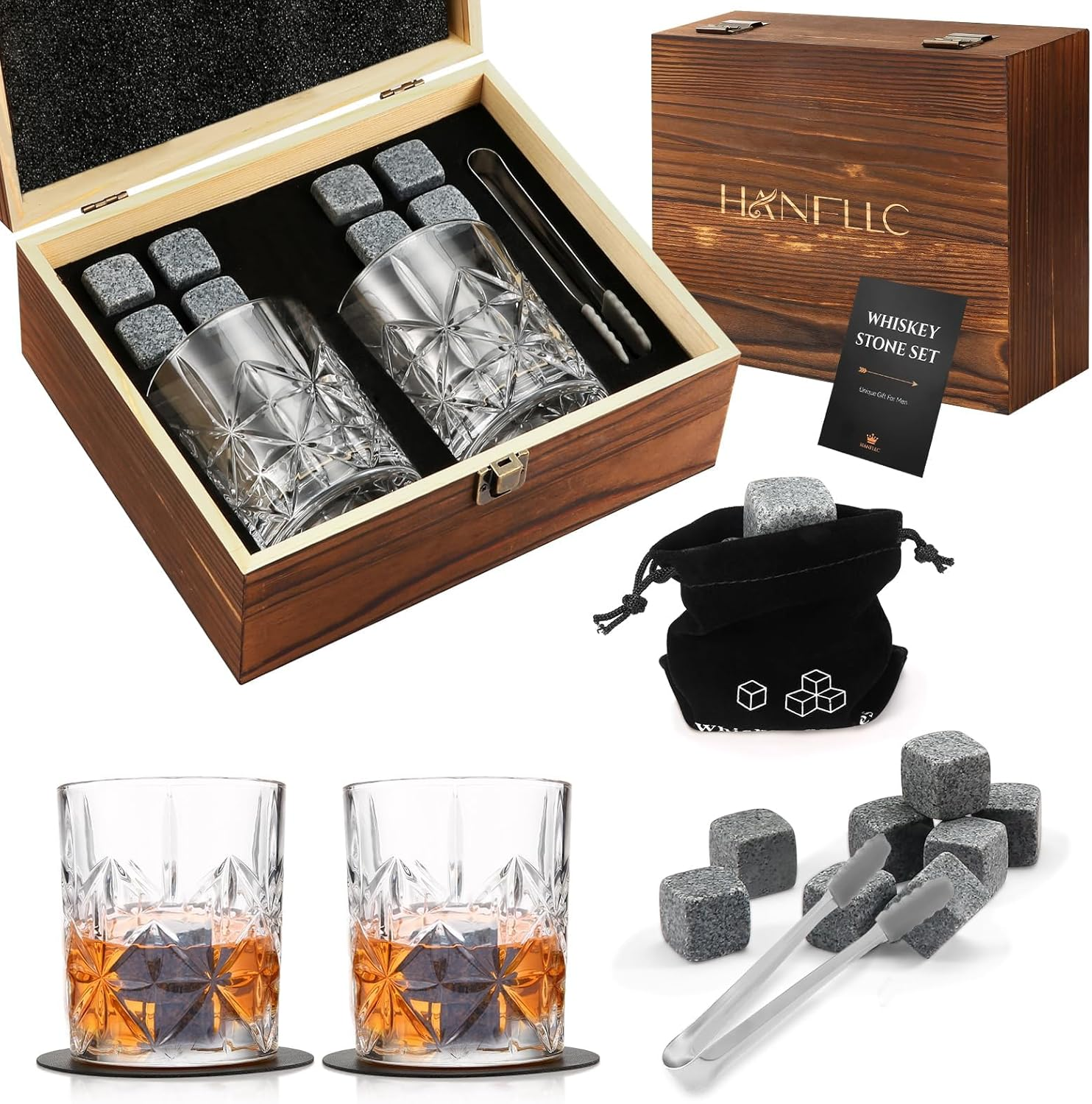 Whiskey Stones Glass Gift Set of 2, Unique Anniversary or Birthday Gift Ideas for Him - Boyfriend, Husband, Dad, Grandpa - 8 Granite Chilling Stones image number 3