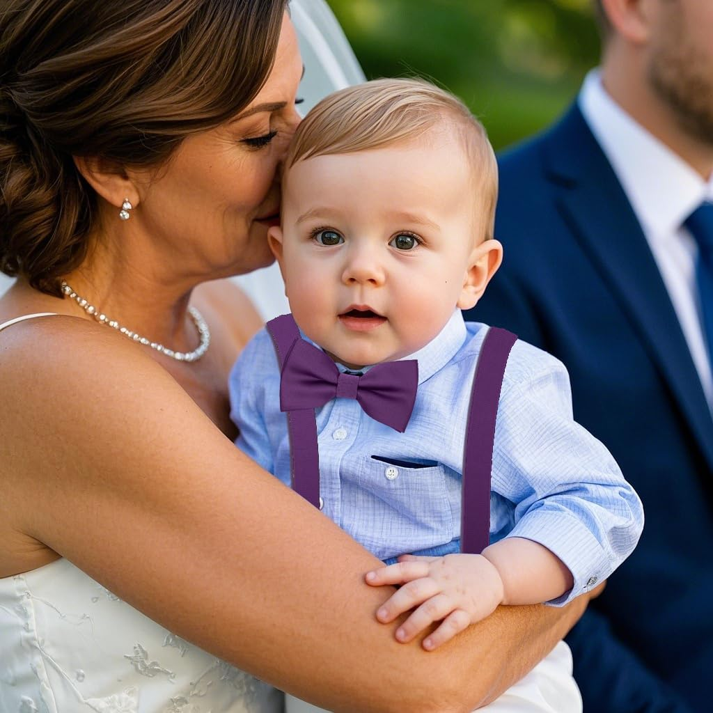 BEWDIO Adjustable Baby Boy Suspenders and Bow Tie, Pre-Tied Kids Bowtie and Elastic Suspenders with 4 Strong Metal Clips