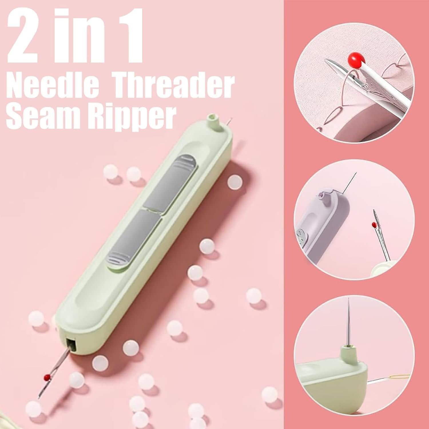 Hunken 3 Pcs 2-In-1 Needle Threader and Seam Ripper Tool, Portable Sewing Accessories, Quick Automatic Needle Threading Device, Stretchable Plug-In Threader for Hand Sewing, Quilting & Knitting