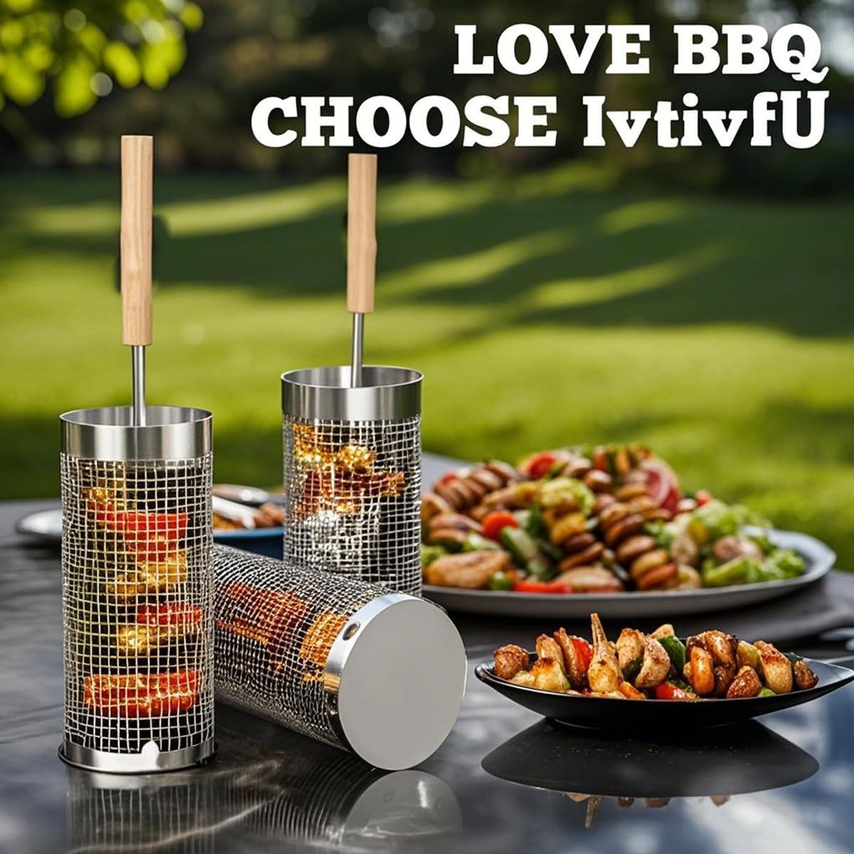 Rolling Grill Basket(2Pcs), Removable Wooden Handle, 304 Stainless Steel, Nesting Grilling Net, BBQ Accessories Tool for Vegetable Shrimp, Outdoor Cooking Camping, Birthday Gifts for Men Dad Husband