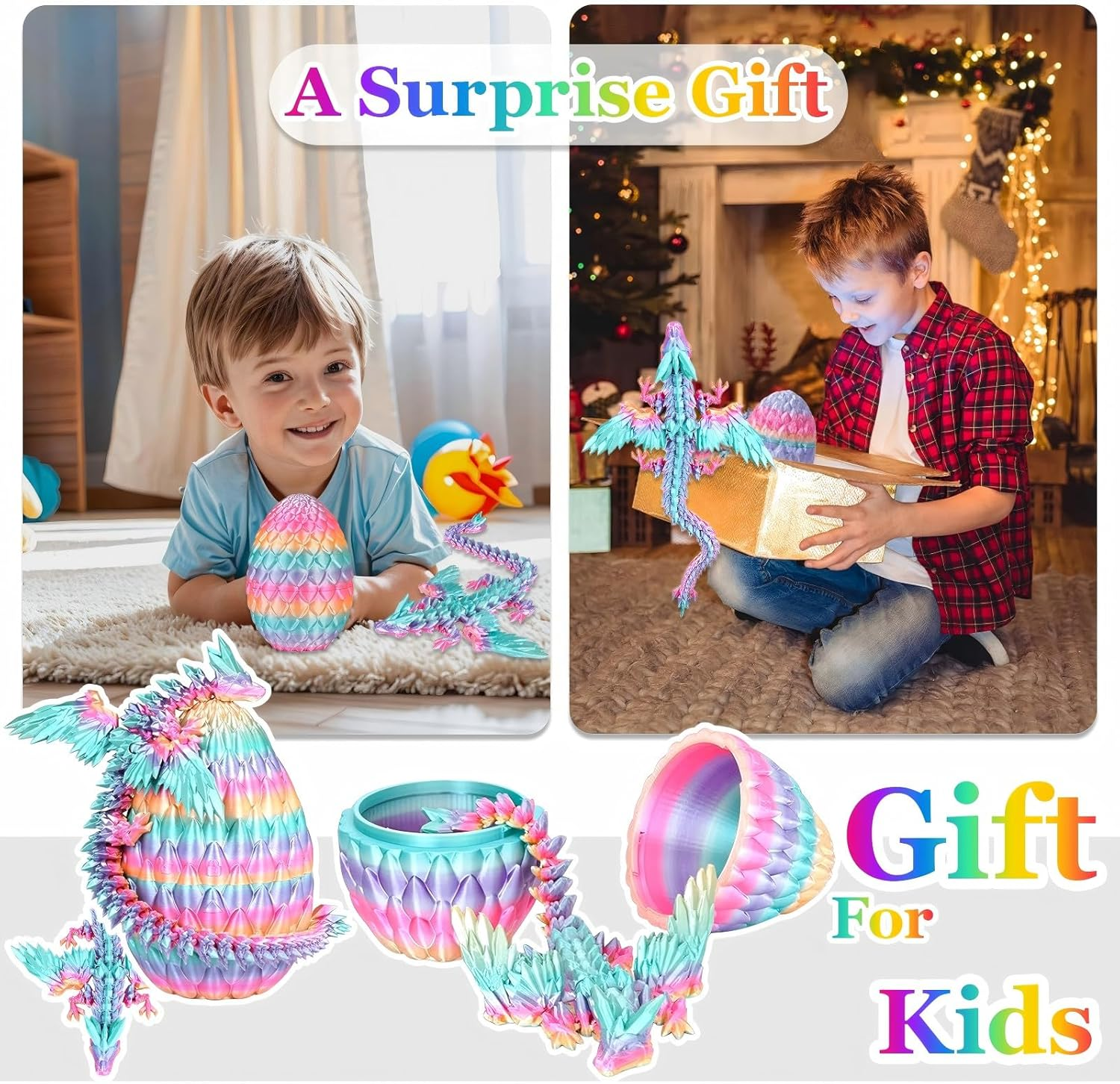 Flying Dragon Eggs, 3D Printed Easter Dragon Egg, Articulated Crystal Dragon Fidget Toy, Toys for Kids, Home Decor, Creative Ornaments, Birthday Gifts, Mystery Mythical Pieces Dragon (Rainbow Candy) - Rainbow Candy - Flying Dragon image number 3