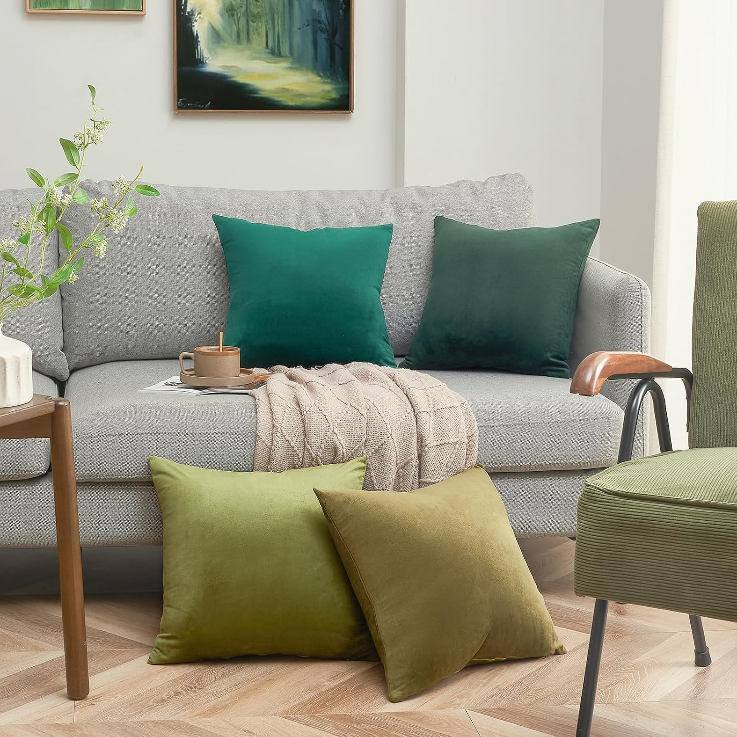 Topfinel Cushion Cover 40 X 40 Cm, Green Velvet, Set of 4 Cushion Covers, Sofa Cushion, Decorative Cushion, Decorative Cushion Decoration for Sofa, Bedroom, Living Room, Fluffy Colour Gradient image number 4