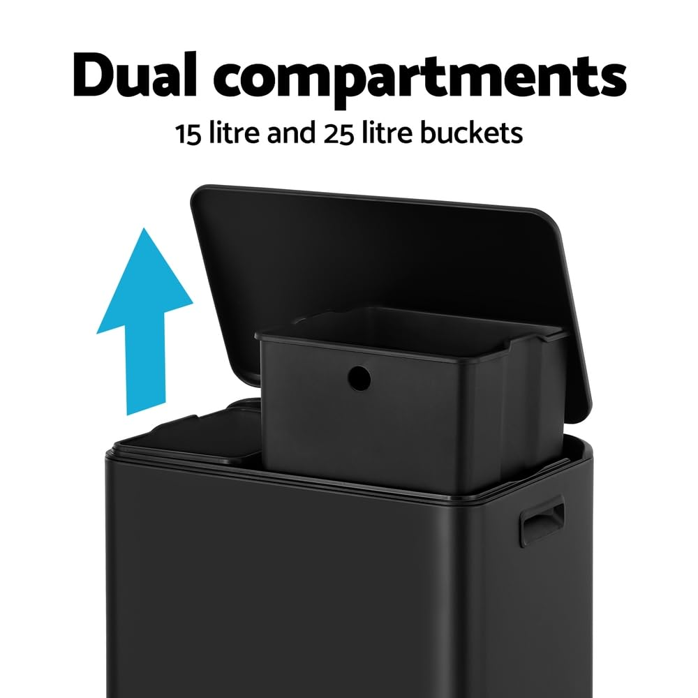 Cefito Pedal Bins Rubbish Bin Dual Compartment Waste Recycle Dustbins 40L Black image number 4