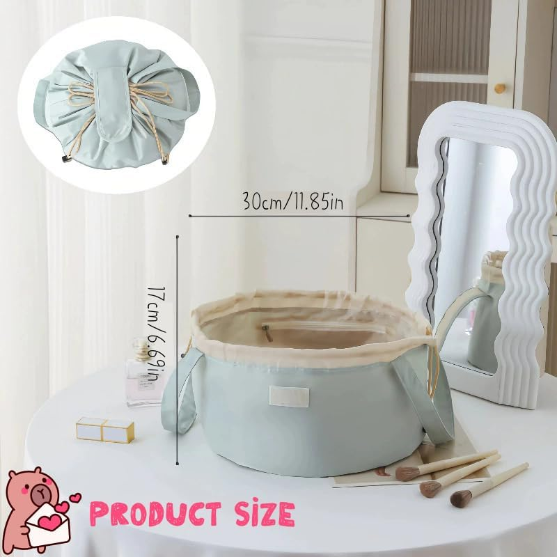 Drawstring Makeup Bag or Lay Flat Drawstring Makeup Bag Portable Large Cosmetic Organizer Travel Toiletry Brush Pouch for Bag Enthusiast(Green) image number 2