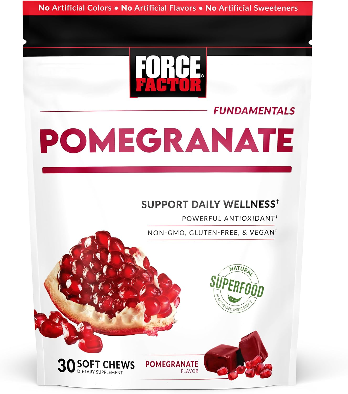 Force Factor Pomegranate Soft Chews for Healthy Aging, Heart Health, Bone Health, & Brain Health, Superfood & Antioxidants Supplement, Non-Gmo, Gluten-Free, Vegan, Pomegranate Flavor, 30 Soft Chews image number 6