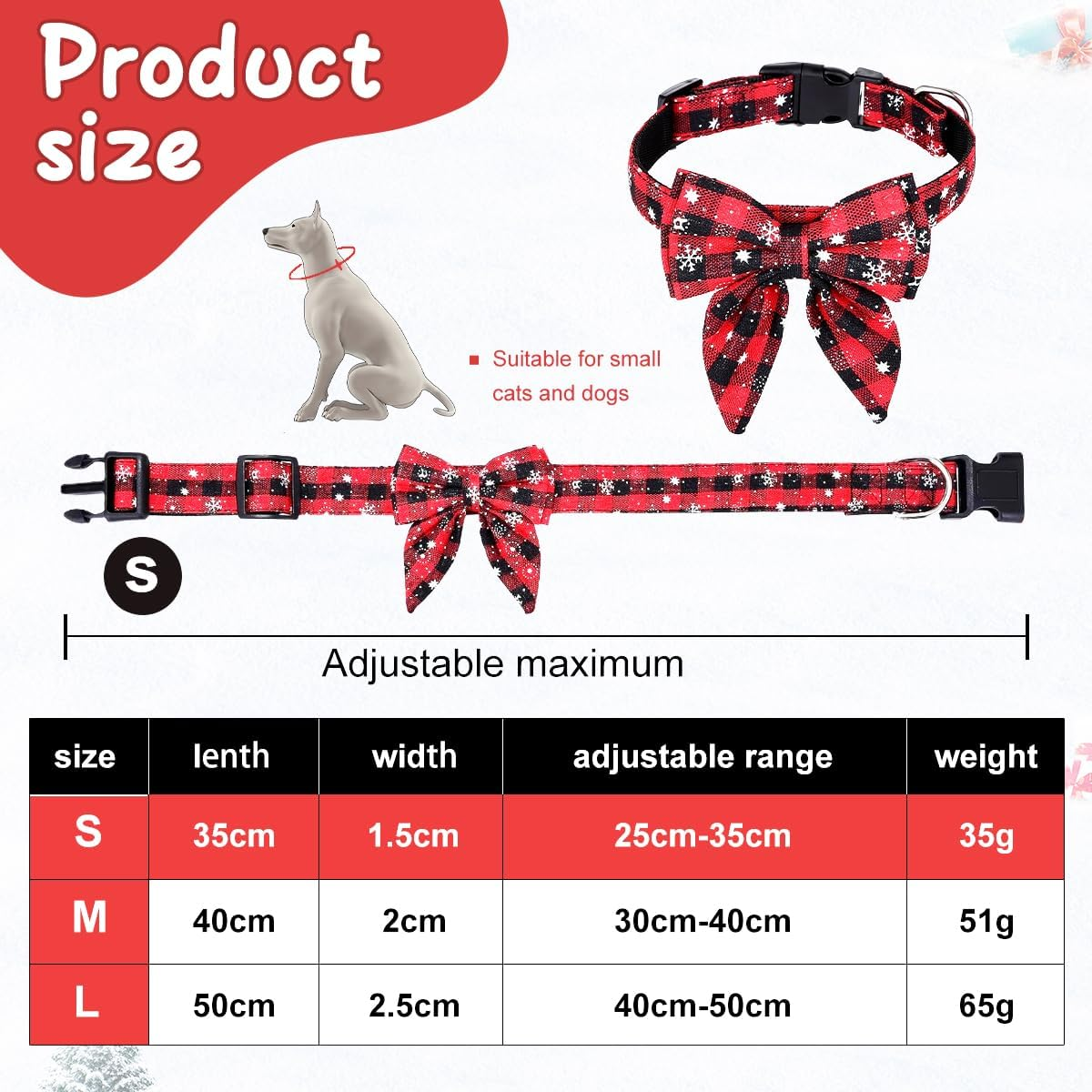 Christmas Dog Collar, Christmas Collar Dog, Cat Collar with Bow, Bow Tie for Dogs, Cute Checked Pattern, Dog Christmas Costume, Pet Collar for Kittens and Dogs (S) image number 2