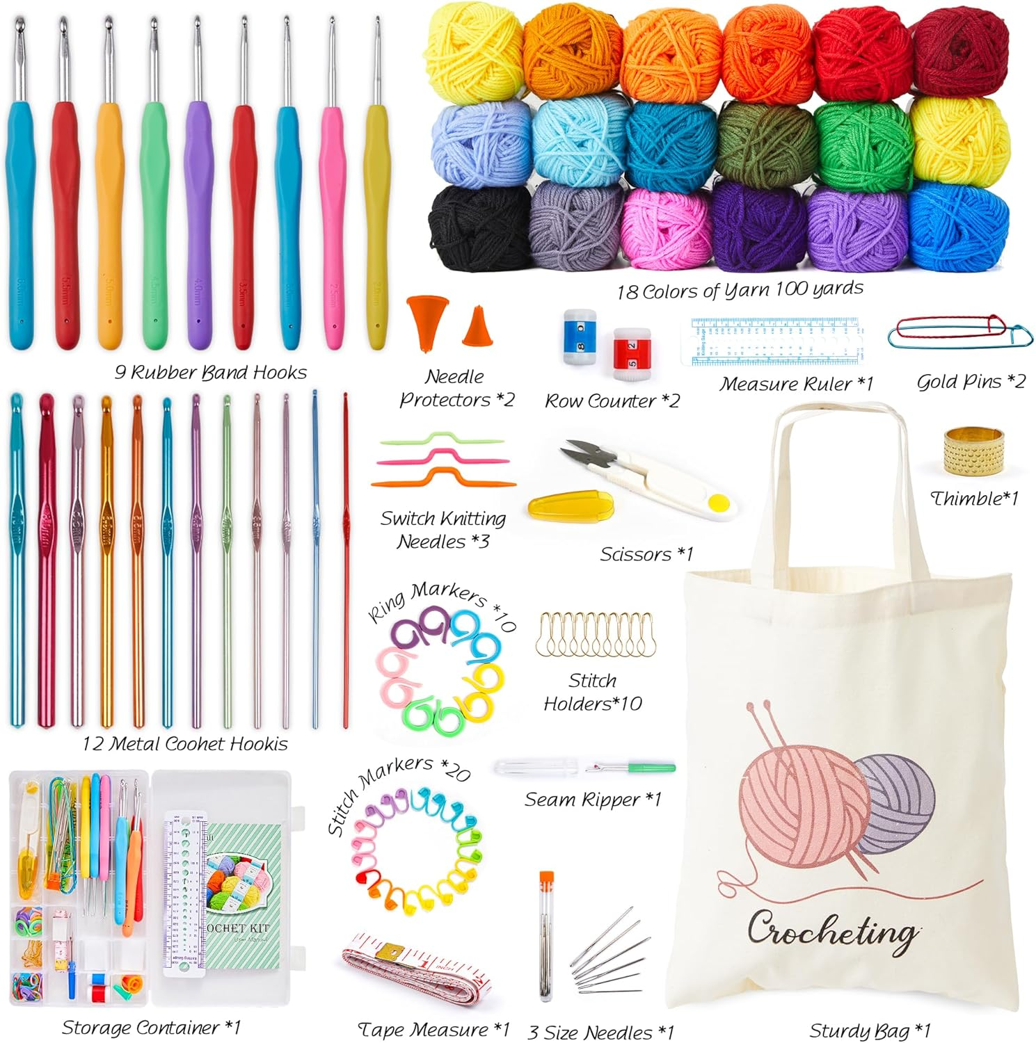 INSCRAFT Crochet Kit for Beginners Adults, 18 Large Acrylic Yarn Skeins 1800 Yards Yarn, 105 PCS Crochet Kit with Hooks Yarn Set,Includes Canvas Tote Bag, Ideal Starter Pack for Kids Professionals image number 6