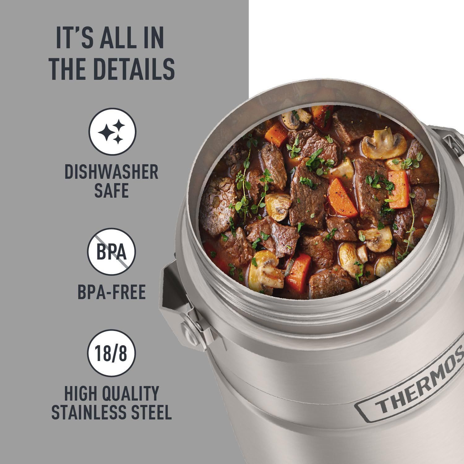 Thermos Stainless King Vacuum-Insulated Food Jar with 2 Storage Container Inserts, 47 Ounce, Matte Steel image number 1