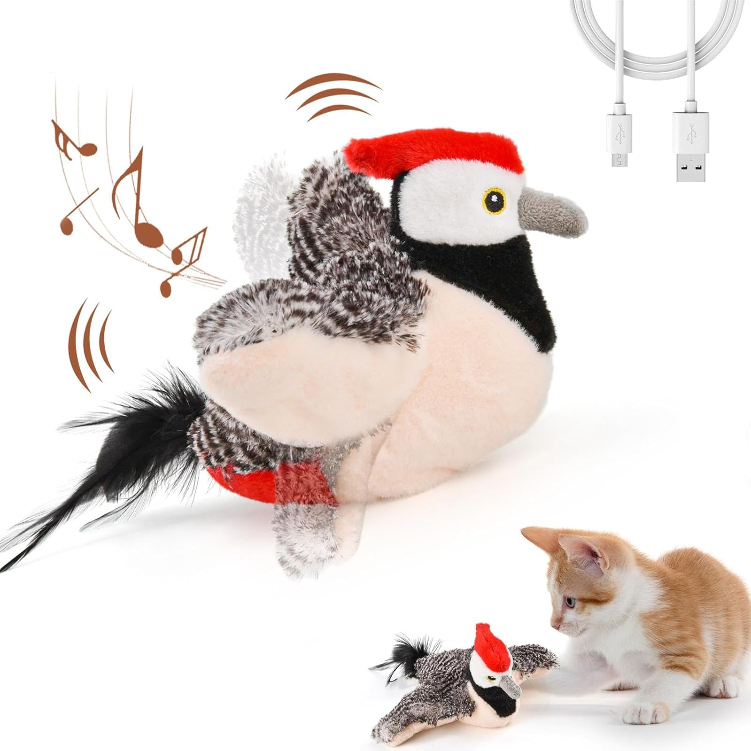 LIFLIX Interactive Cat Toys, Rechargeable Chirping Flapping Bird(No Flying) with Catnip for Indoor Cats, Plush Kitten Exercise Toys, Touch Activated (Brown Sparrow)
