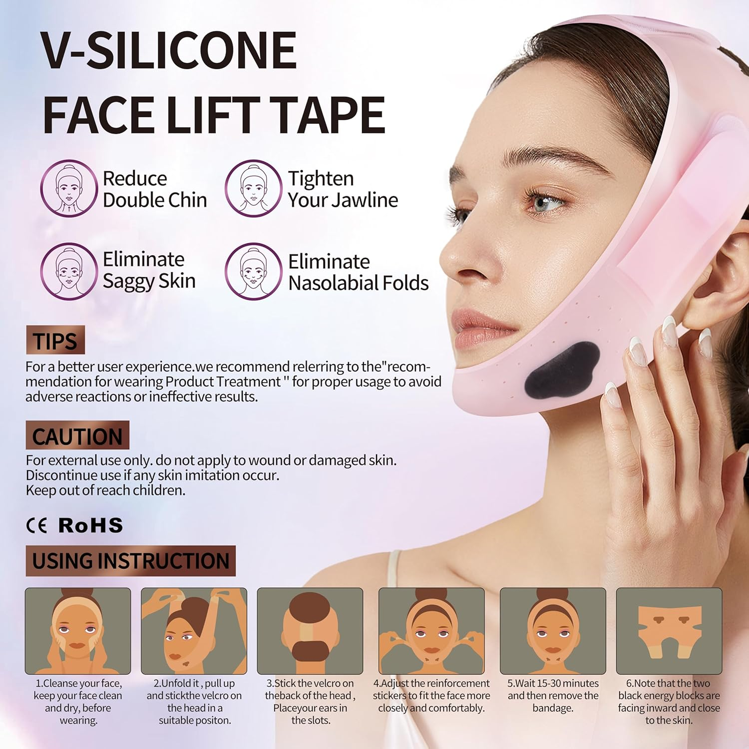 Soft Silicone Chin Strap,Double Chin Reducer,V Line Face Slimming Strap,V Line Lifting Mask,Face Strap for Women(Beige-Skin Tone) image number 6