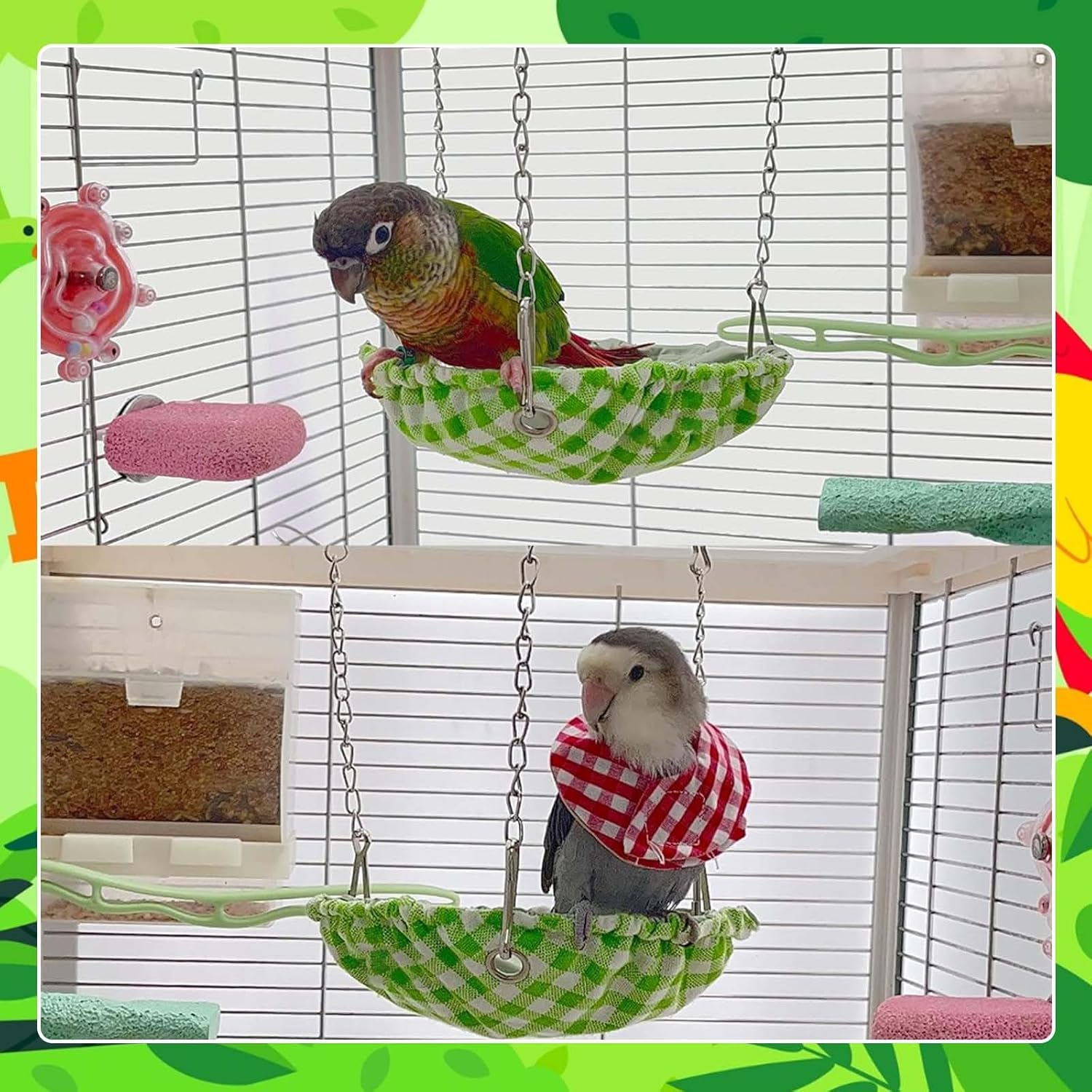 SUSOO Hanging Bird Bed with Waterproof Bite-Resistant Cotton-Linen, Skin Friendly Birds Nest Hammock Swing for Cage Accessories, Snuggle Bed House for Parrot, Conures, Parakeet, Budgies (Green) image number 4