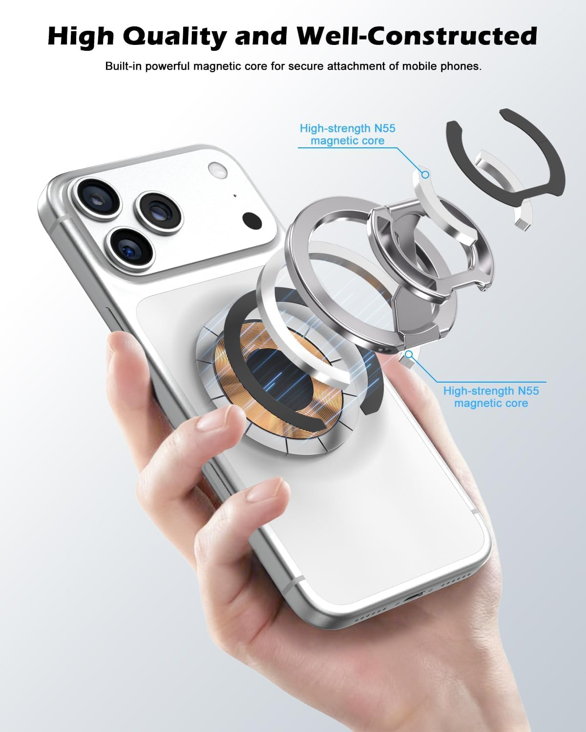 Cloudvalley Magnetic Phone Ring Holder for Magsafe, Dual-Sided Removable Phone Grip with 360&deg;Rotating Kickstand, Strong Magnet for Iphone 17 16 15 14 13 12 Series & Magnetic Car Mounts, Gray - Silver image number 4