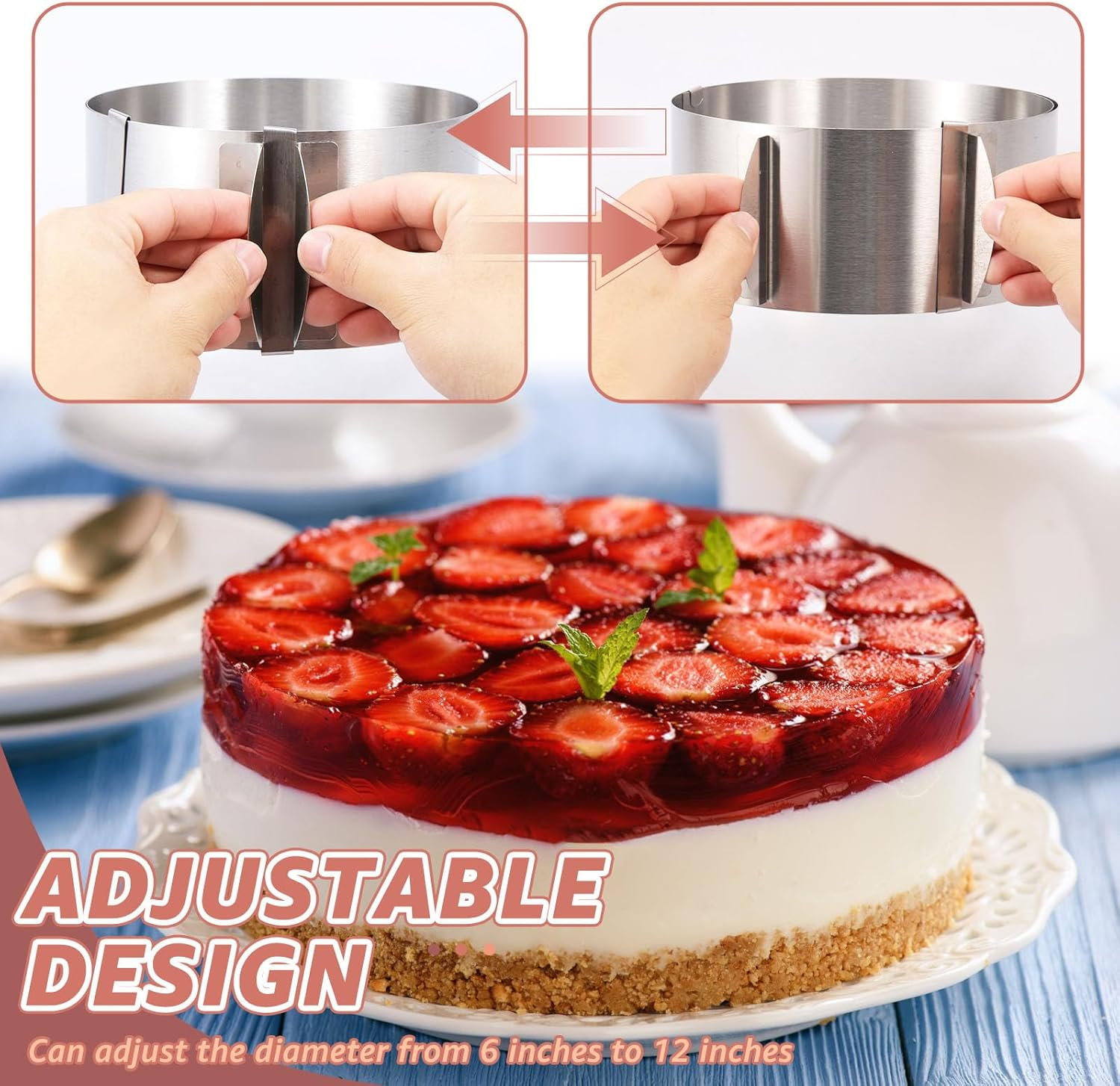 Fwqofvk 6-12 Inch round Cake Ring, Stainless Steel Adjustable Cake Mold Collar Set with Clear Cake Roll, Temperature Resistant Mousse Mold Set, Bakeware Set Tool for Chocolate Fruit Tart