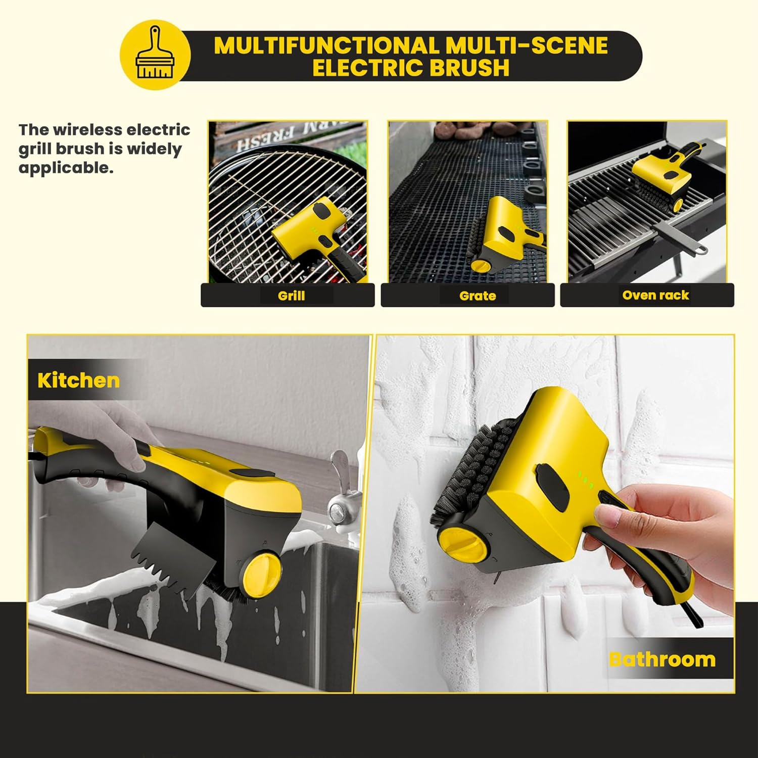 Electric Grill Clean Brush with Liquid Box, Cordless Rechargeable Barbecue Grill Cleaner, Automatic Grill Cleaner, 2-Speed, 360&deg; Rotating Cleaning Brush with Replacement Bristles