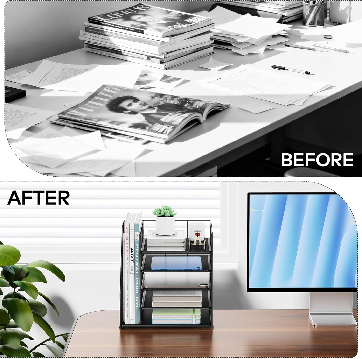 Auvo ADO04 Metal Mesh Desk Organizer, 5-Tier Paper Letter Tray with File Holder, Vertical Magazine/File Holder, Desktop Organizer for Office Supplies, Black image number 4
