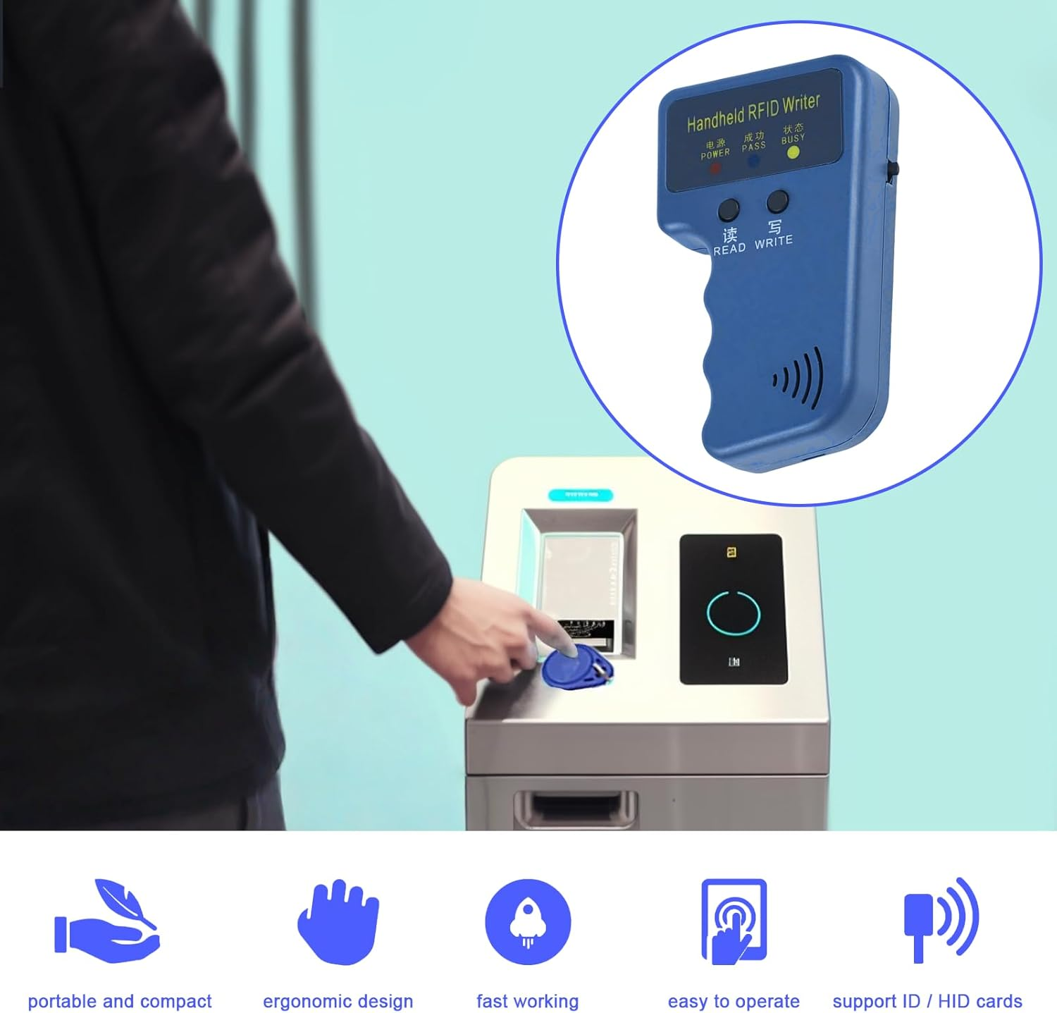 Tzylomirx RFID Reader Copier & Writer - Handheld Portable RFID Duplicator for T5577 Cards, Compact RFID Device for Home and outside (6 Pack T5577 Keychains and 6 Pack T5577 Cards) image number 2