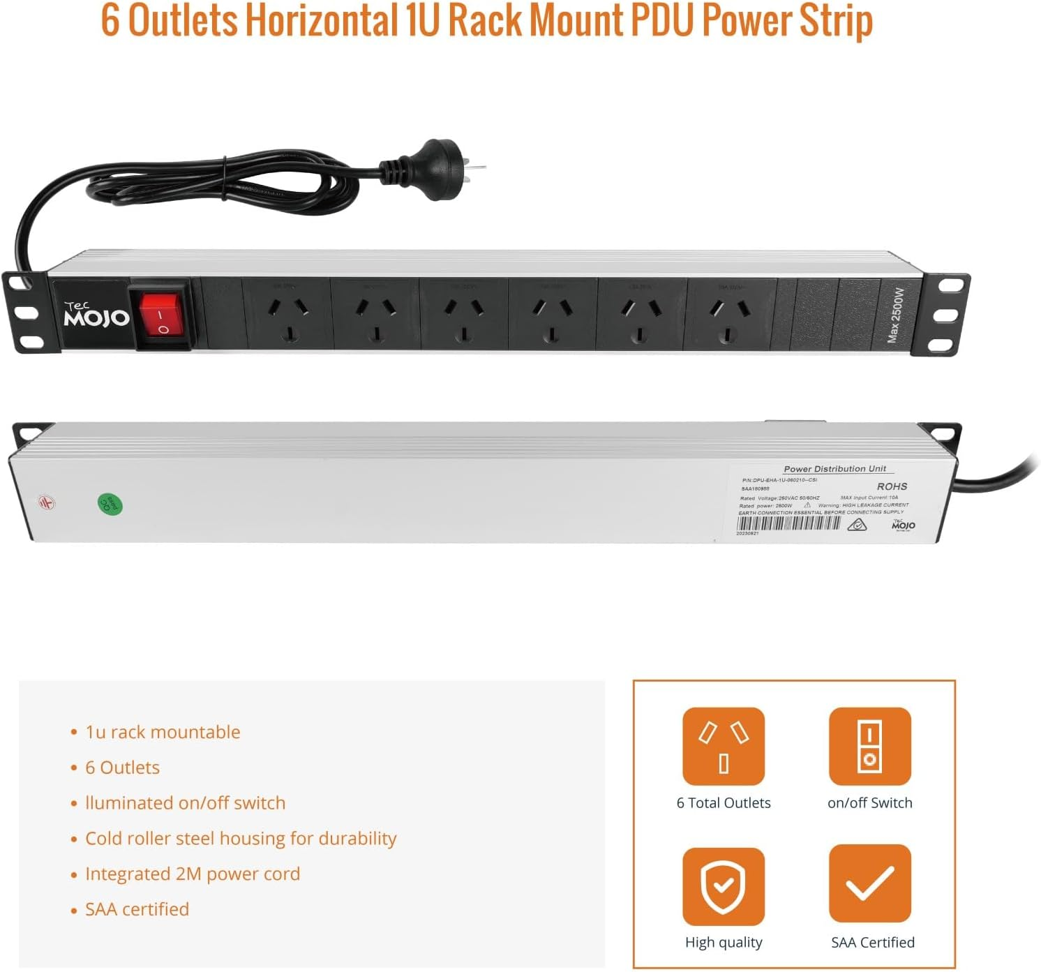 Tecmojo 1U Rack Mount PDU Power Strip, Power Distribution Unit for 19 Inch Server Cabinet, 6 Outlets with 2M Power Cord, Double-Break Switch, 10A 250V 50/60HZ, Black image number 2