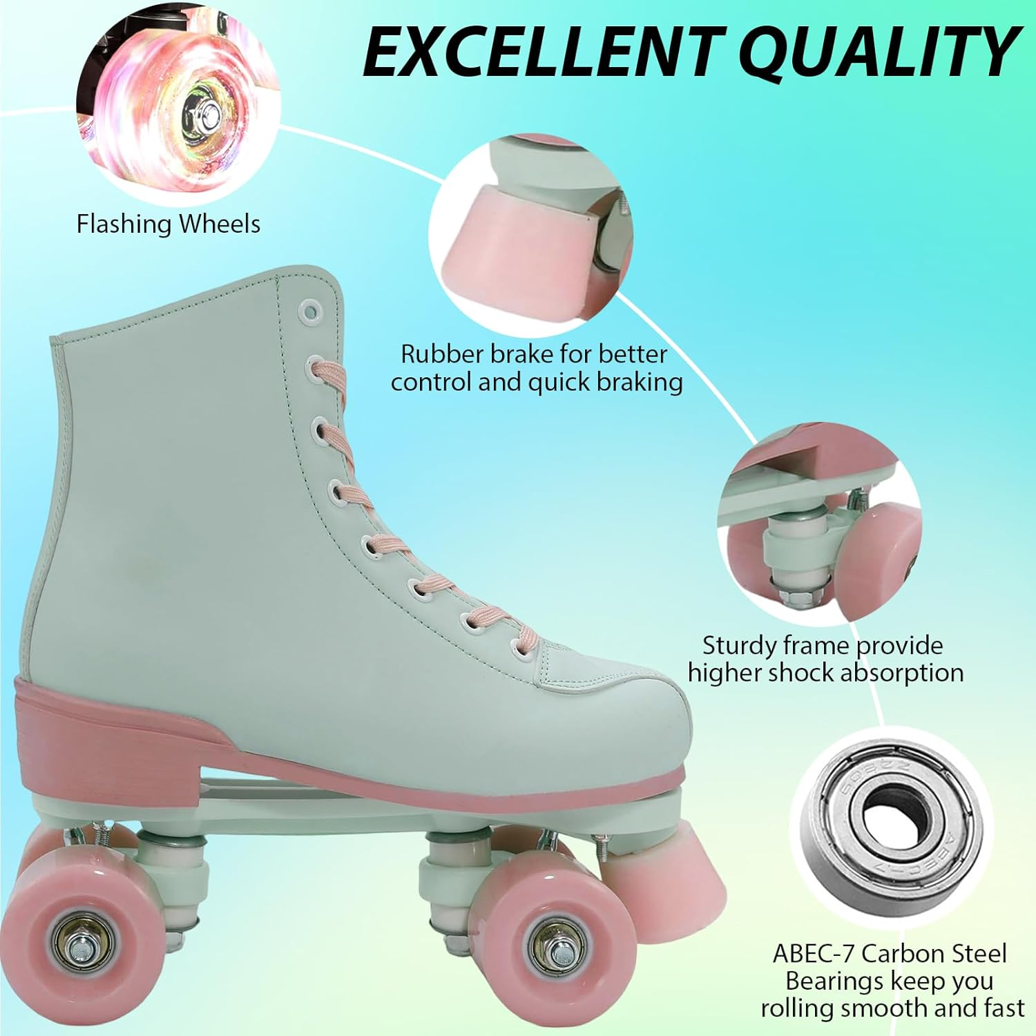 XUDREZ Roller Skates for Women Girls Light up Adult Roller Derby Skates Double Row PU Leather Skates for Youth Beginner Outdoor image number 4